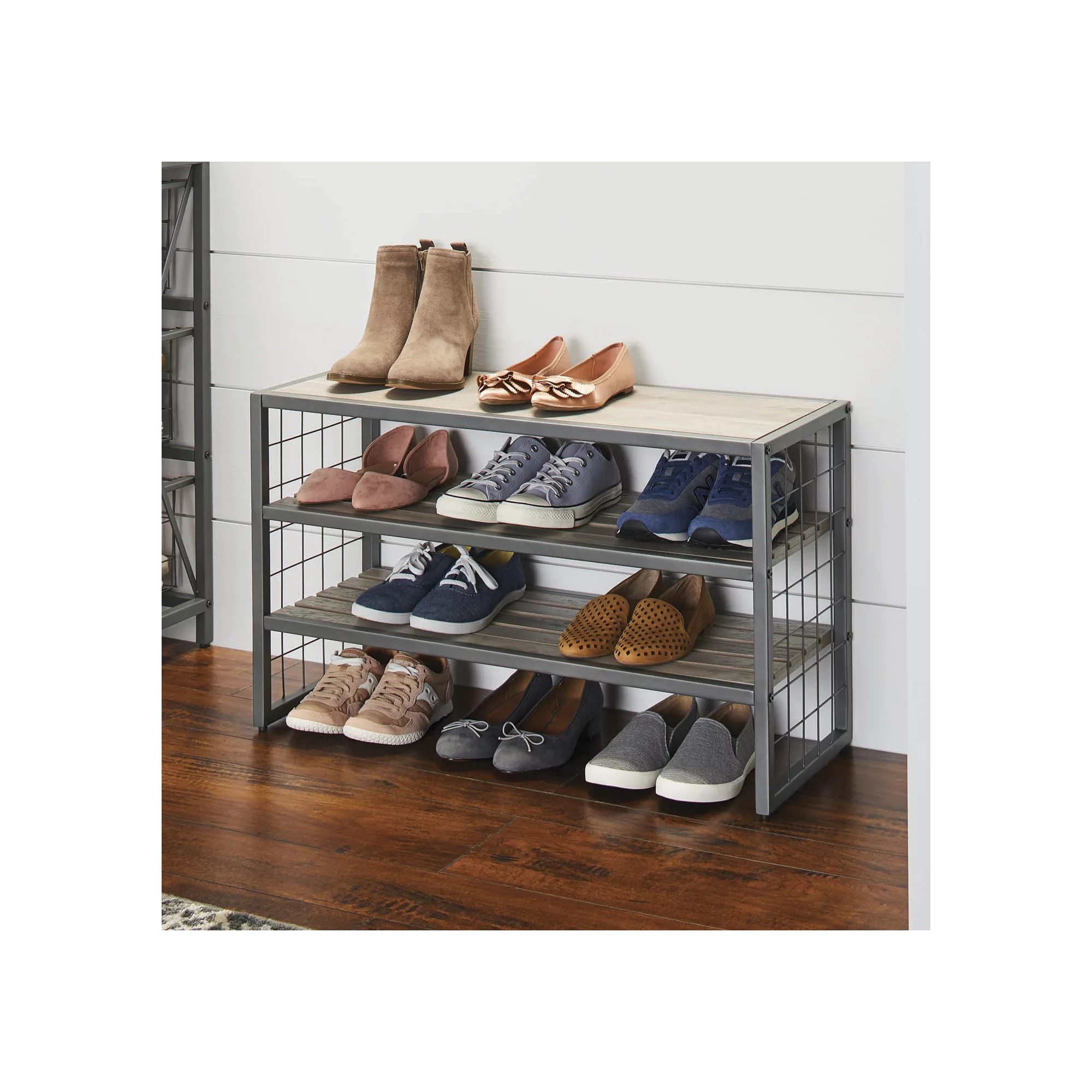 Better Homes & Gardens Farmhouse 3 Tiers.12-Compartment Garment Shoe Rack wood. Gray