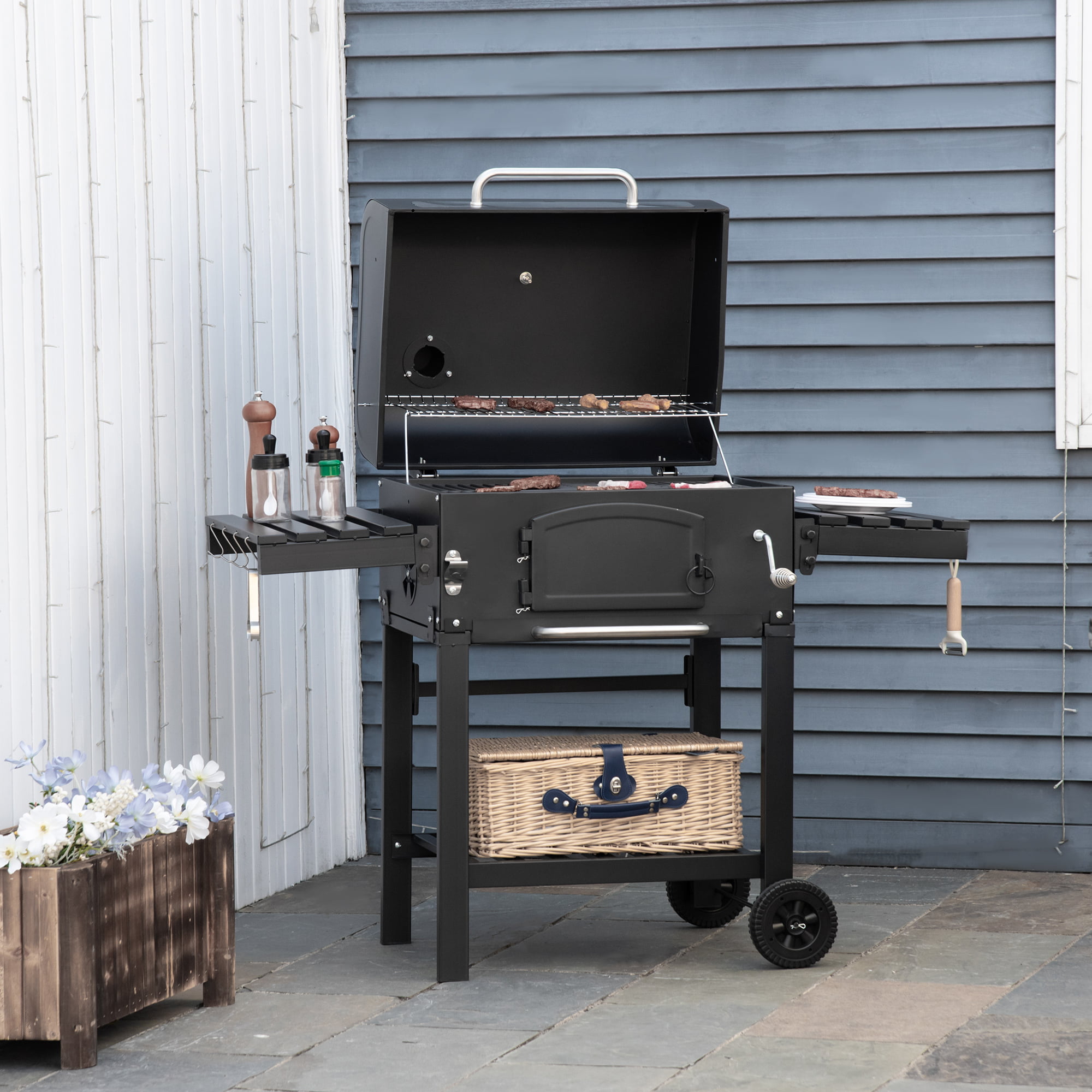 Outsunny Charcoal Grill BBQ with Adjustable Charcoal Height. Portable Barbecue Smoker with Folding Shelves. Thermometer. Bottle Opener. and Wheels for Outdoor Camping. Picnic. Patio and Backyard