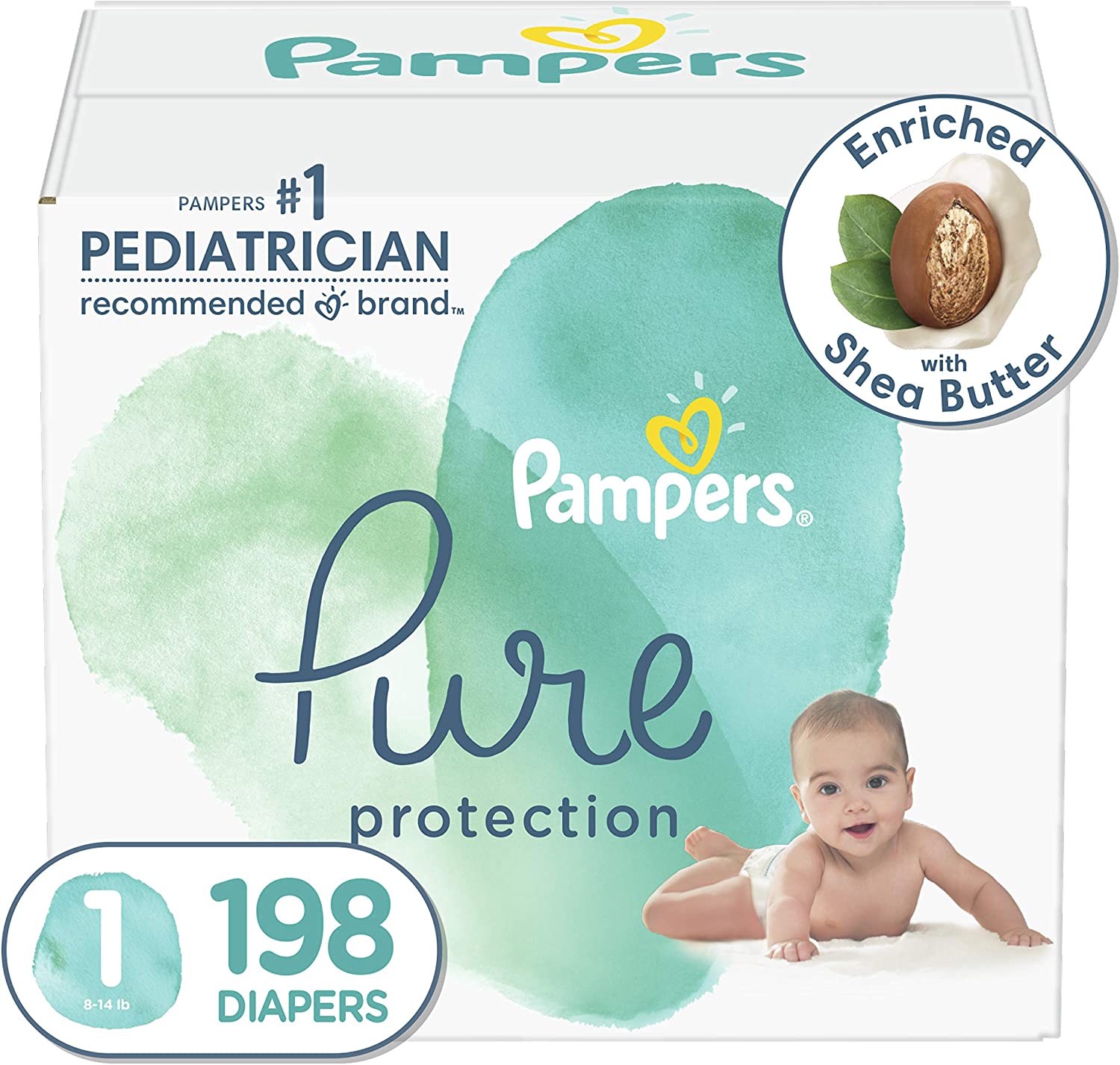Diapers Size 1. 198 Count - Pampers Pure Protection Hypoallergenic Disposable Baby Diapers for Sensitive Skin. Fragrance Free. (Packaging May Vary)