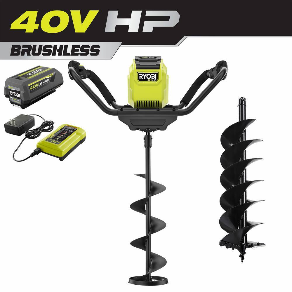 RYOBI RY40712-8 40-Volt HP Brushless Ice Auger with 8 in. Ice Bit. 8 in. Dirt Bit and 4.0 Ah Battery and Charger