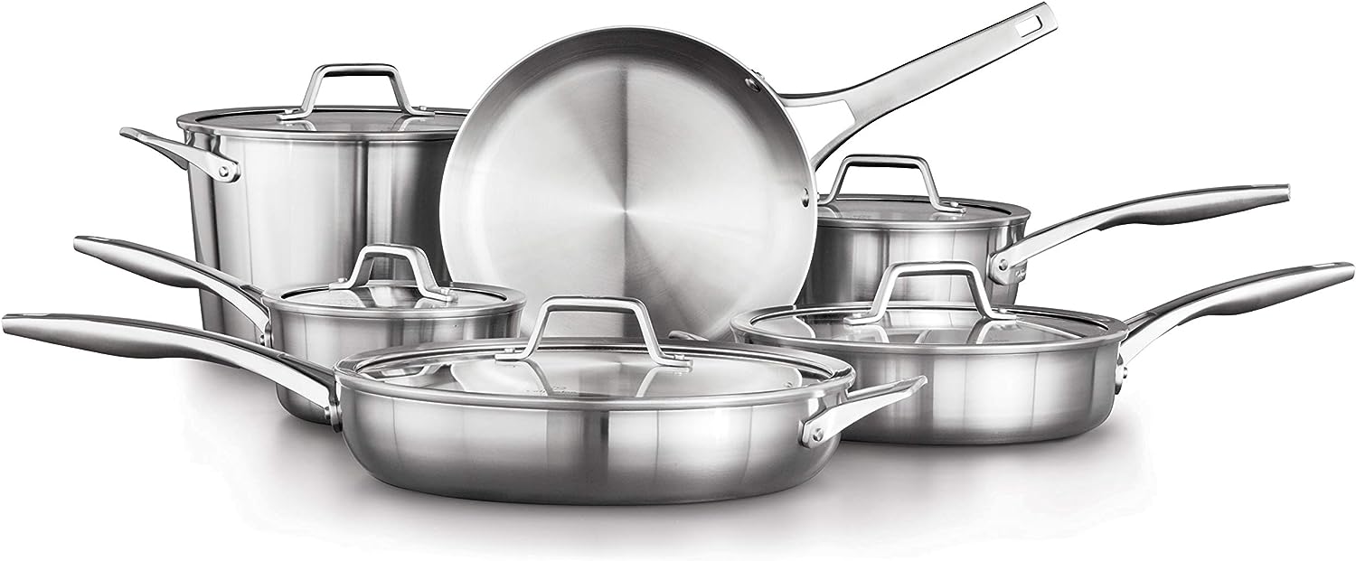 Calphalon 11-Piece Pots and Pans Set. Stainless Steel Kitchen Cookware with Stay-Cool Handles. Dishwasher Safe. Silver