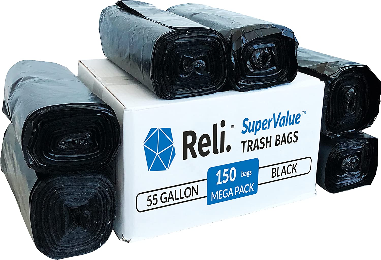 Reli. Easy Grab Trash Bags. 55-60 Gallon (150 Count). Made in USA | Star Seal Super High Density Rolls (Heavy Duty Can Liners. Garbage Bags. Bulk Contractor Bags 50. 55. 60 Gallon Capacity) - Black