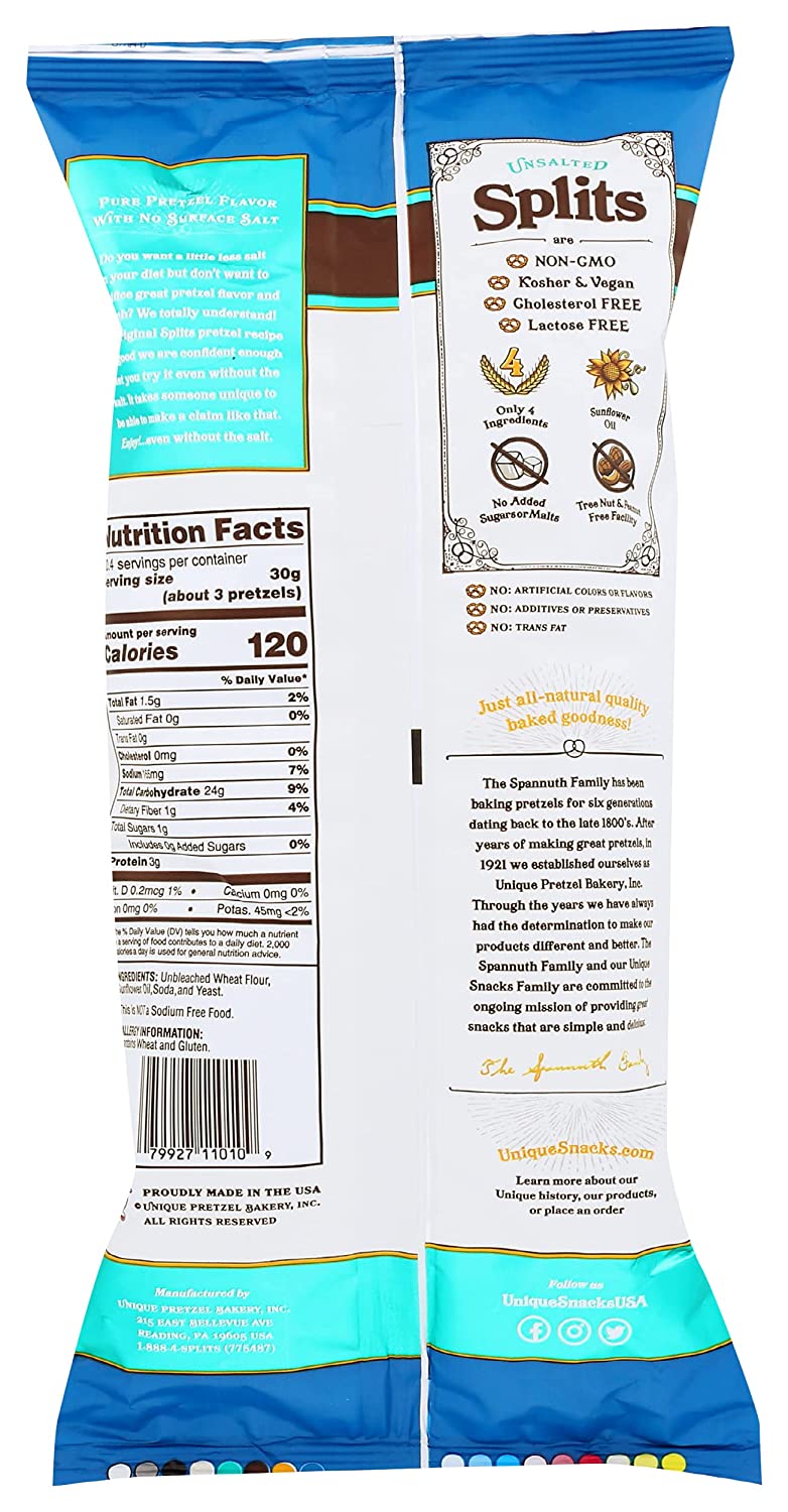 Unique Snacks Unsalted Splits. Delicious. Vegan. Homestyle Baked. Certified OU Kosher and Non-GMO. 11 Ounce Bag (Pack of 12)