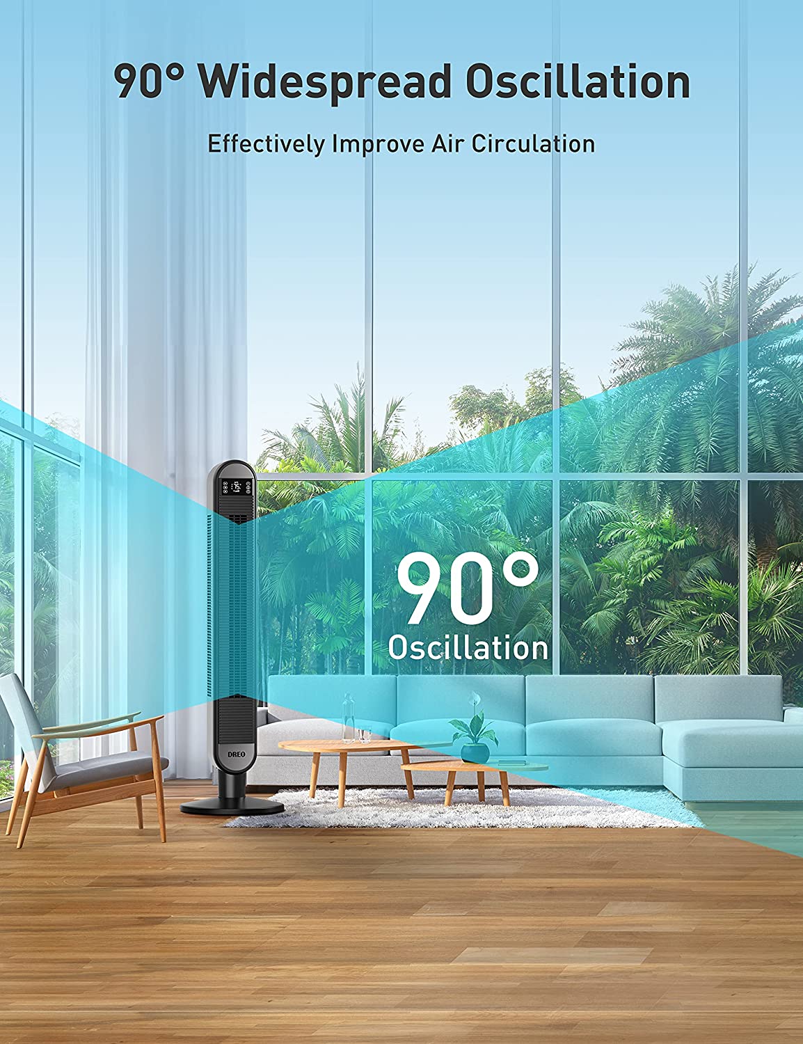 Dreo Tower Fan for Bedroom. 90° Oscillating Fan. 42 Inch Bladeless Floor Fan. Quiet Cooling Fan with Remote