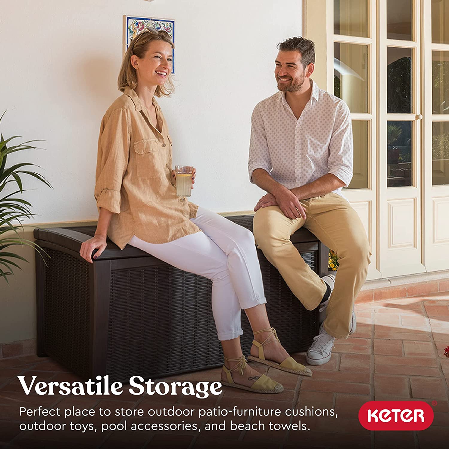 Keter Borneo 110 Gallon Resin Deck Box - Organization and Storage for Patio Furniture. Outdoor Cushions. Throw Pillows. Garden Tools and Pool Toys. Brown