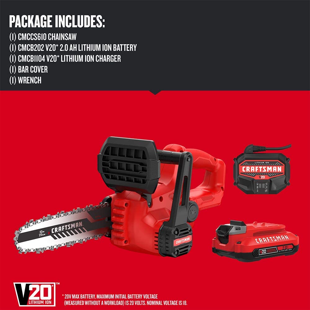 CRAFTSMAN V20 Mini Chainsaw. 10 inch. Battery and Charger Included (CMCCS610D1)