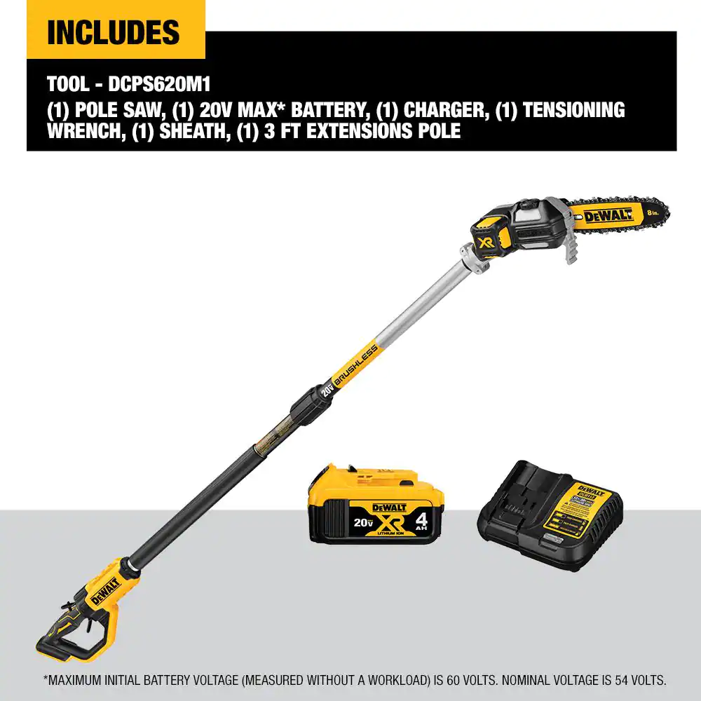 DEWALT DCPS620M1 20V MAX 8in. Cordless Battery Powered Pole Saw Kit with (1) FLEXVOLT 4Ah Battery. Charger & Sheath