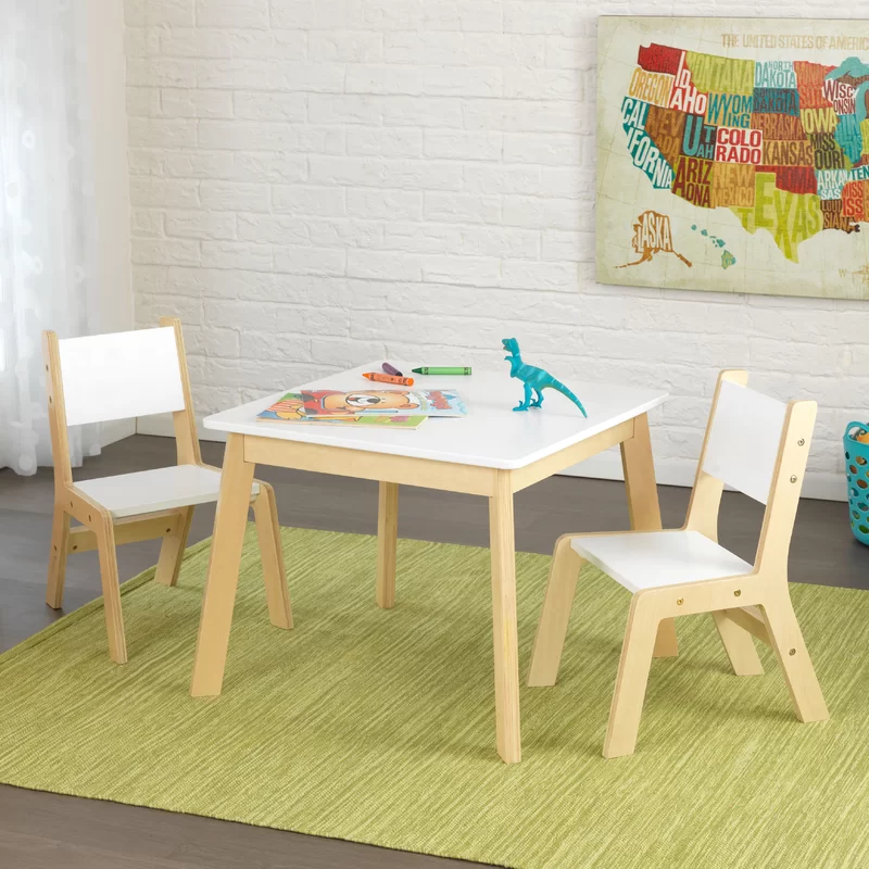 KidKraft Wooden Modern Table & 2 Chair Set. Children-s Furniture. White & Natural. Gift for Ages 3-8