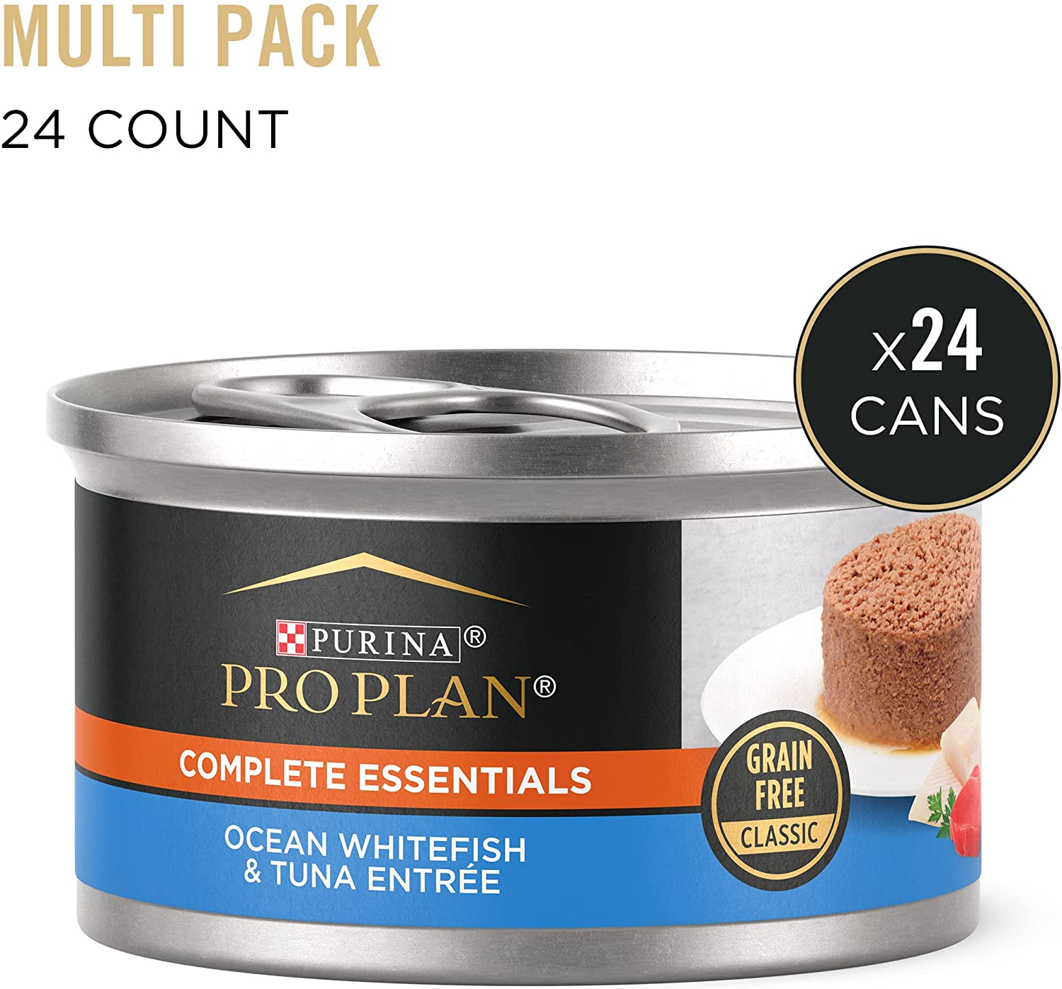 Purina Pro Plan Gravy. High Protein Wet Cat Food. COMPLETE ESSENTIALS Ocean Whitefish Tuna Entree in Sauce - (24) 5.5 oz. Cans