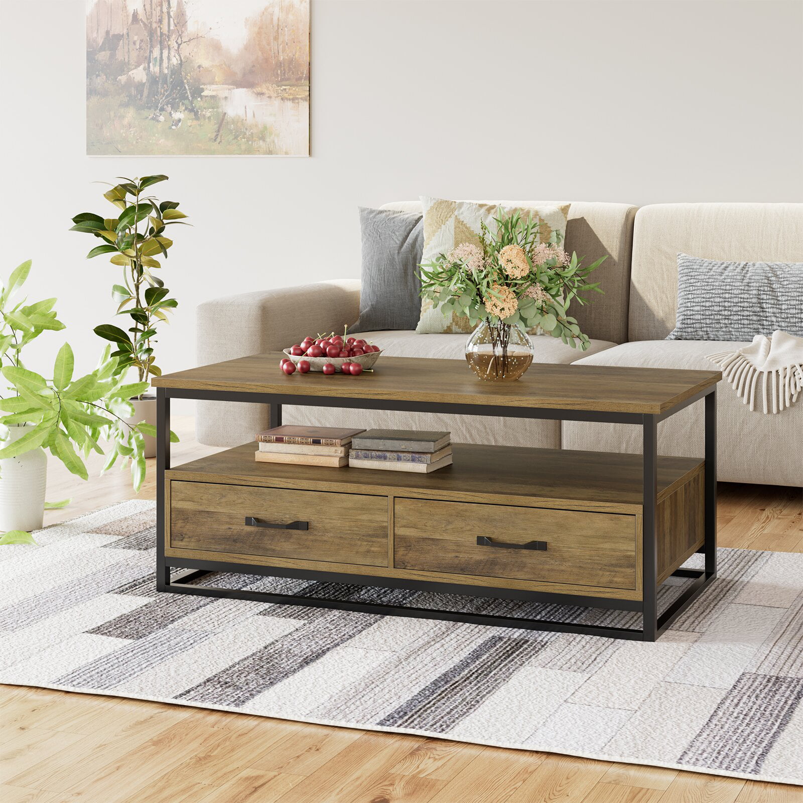 Homfa Coffee Table with Storage for Living Room. 43″ Wooden Center Table with Drawers. Low Frame Cocktail Table with 1 Shelf and 2 Drawers. Rustic Brown