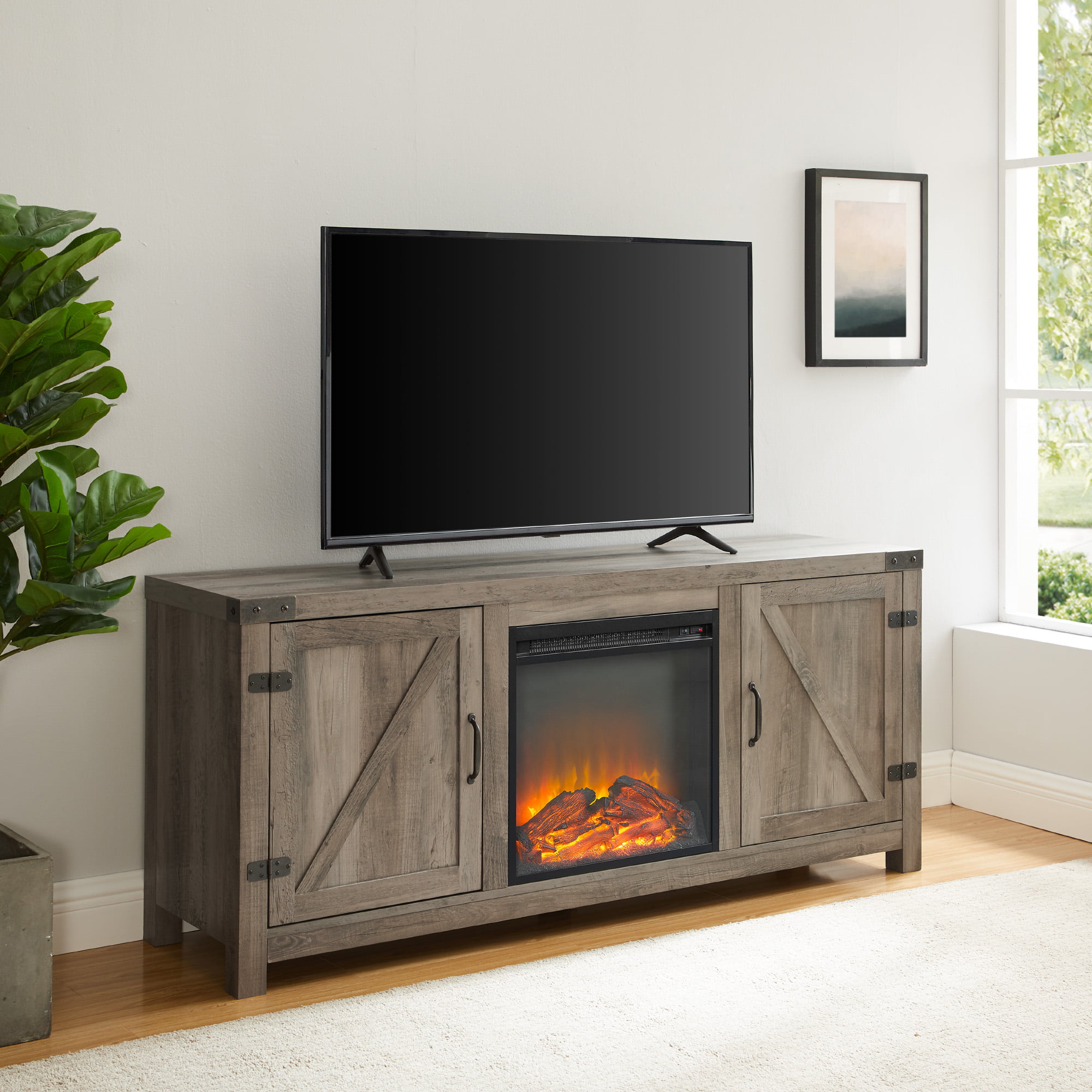 Woven Paths Modern Farmhouse Fireplace TV Stand for TVs up to 65″. Grey Wash