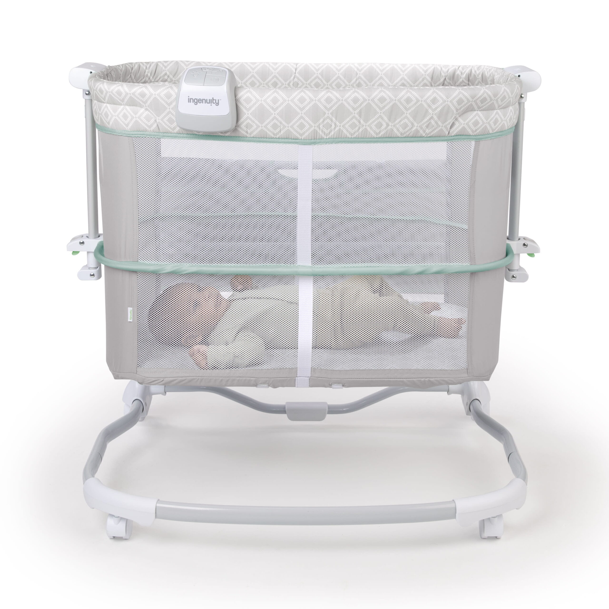 Ingenuity Dream & Grow Bedside Adjustable Baby Bassinet with Storage Pocket. Green/Gray