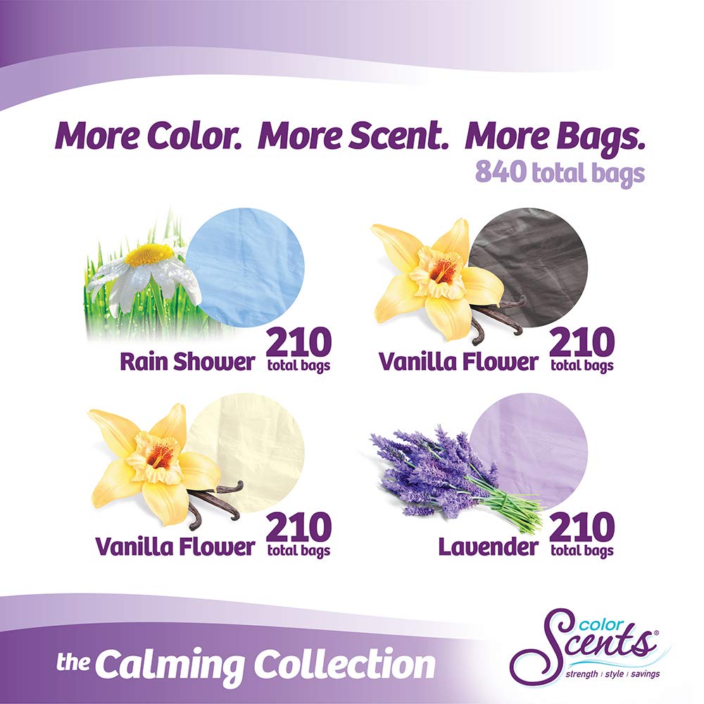 Color Scents Small Trash Bags - 4 Gallon. 840 Total Bags (12 Packs of 70 Count). Twist Tie - Multi-color bags in Calming Collection Scent