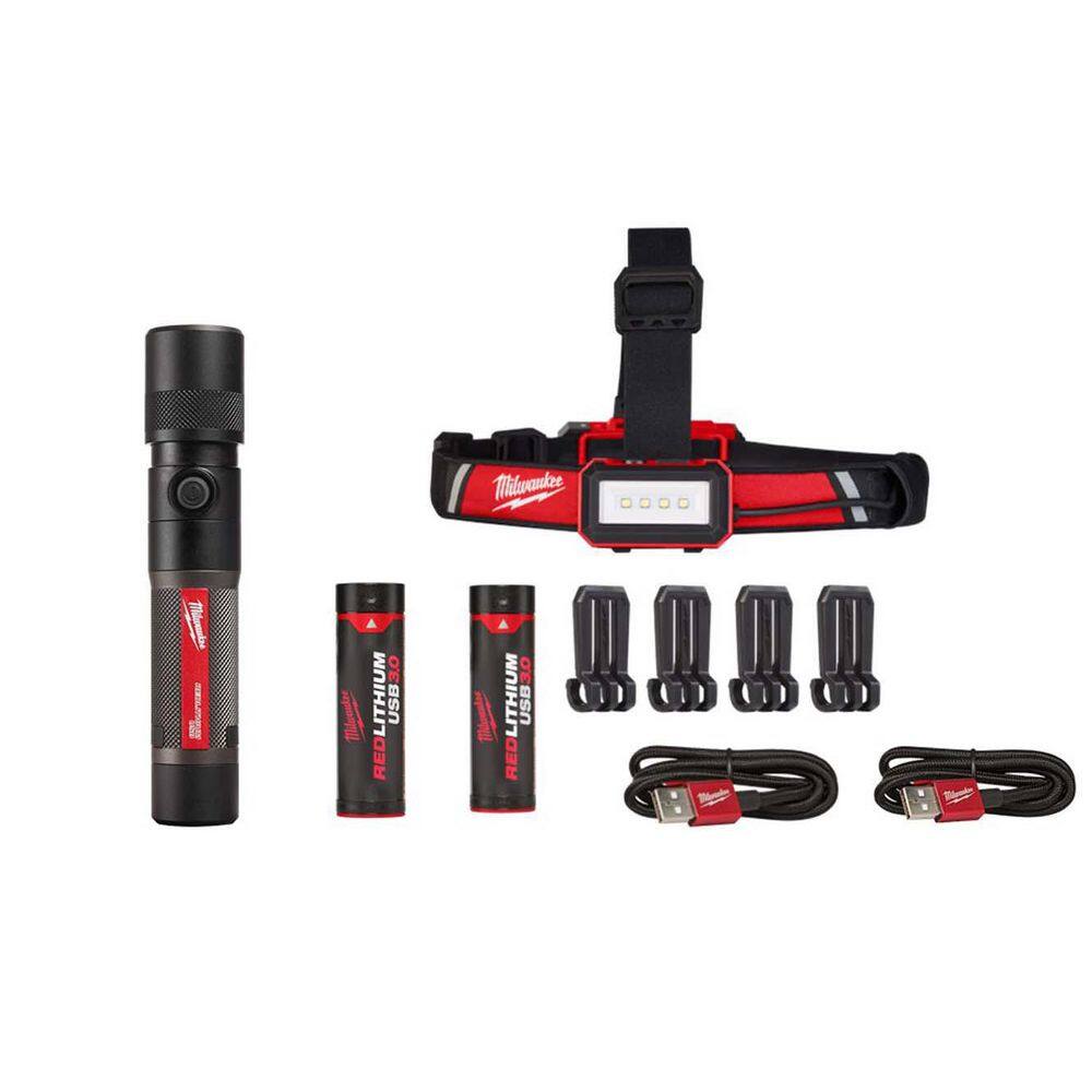 Milwaukee 2115-21-2161-21 600 Lumens LED REDLITHIUM USB Low-Profile Hard Hat Headlamp w/1100 Lumens LED USB Twist Focus Flashlight (2-Pack)