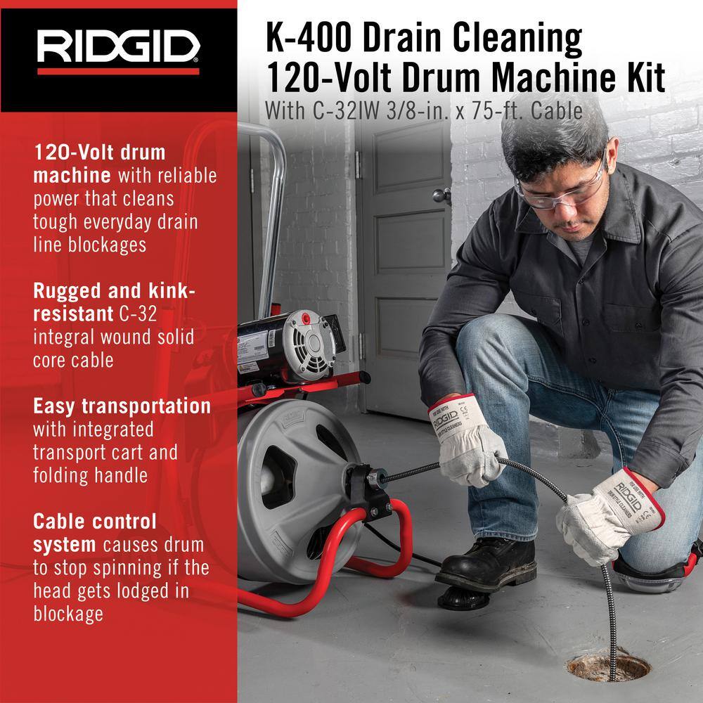 RIDGID 52363 K-400 Drain Cleaning Snake Auger 120-Volt Drum Machine with C-32IW 3/8 in. x 75 ft. Cable + 4-Piece Tool Set & Gloves