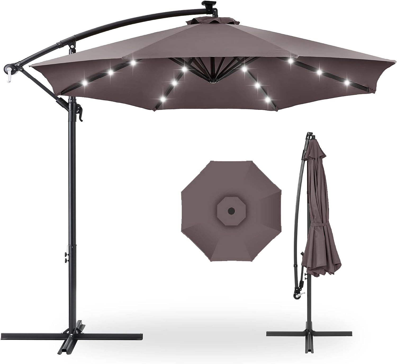 Best Choice Products 10ft Solar LED Offset Hanging Market Patio Umbrella for Backyard. Poolside. Lawn and Garden w/Easy Tilt Adjustment. Polyester Shade. 8 Ribs - Deep Taupe