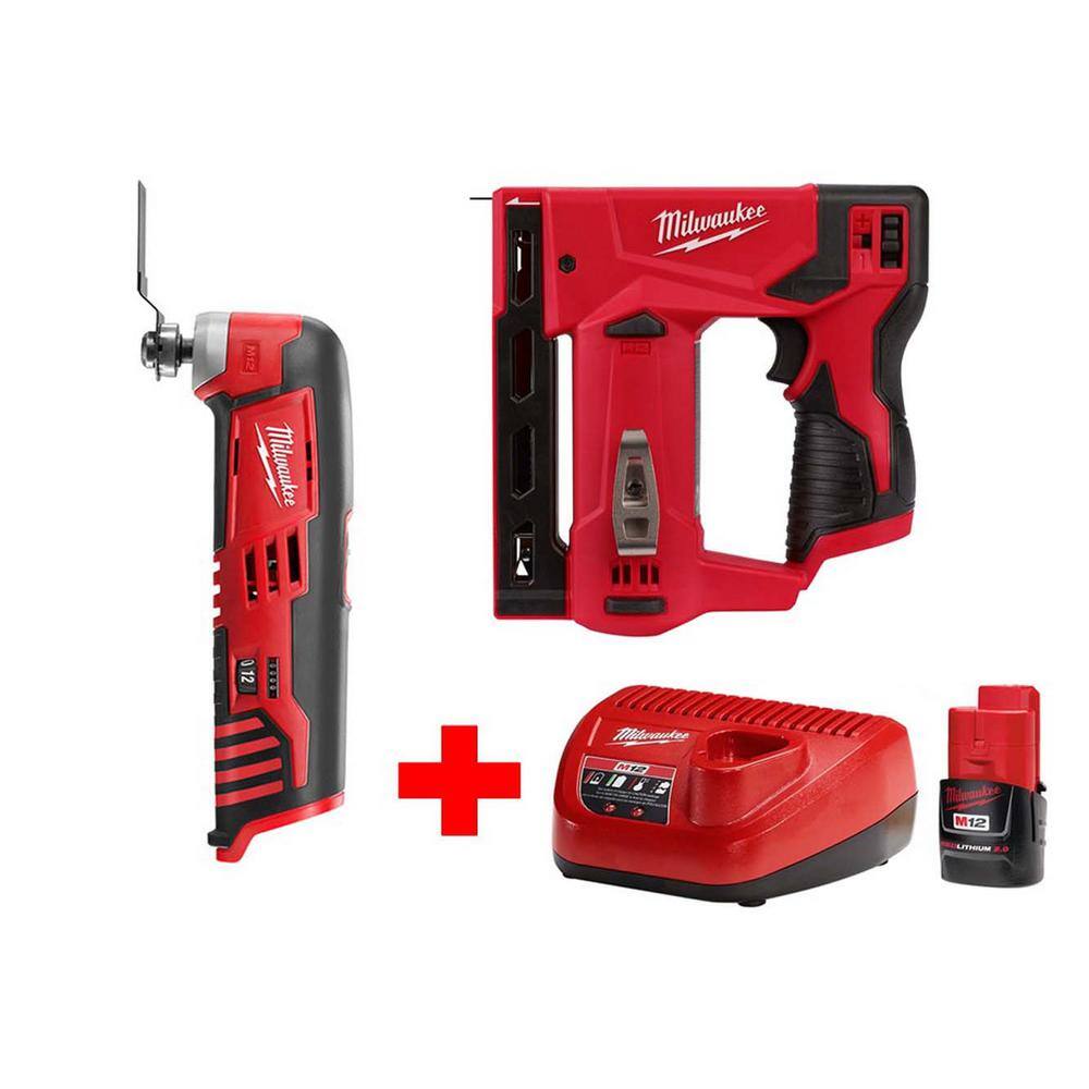 Milwaukee 2447-20-2426-20-48-59-2420 M12 12V Lithium-Ion Cordless 3/8 in. Crown Stapler and Multi-Tool Combo Kit with (1) 2.0Ah Battery and Charger