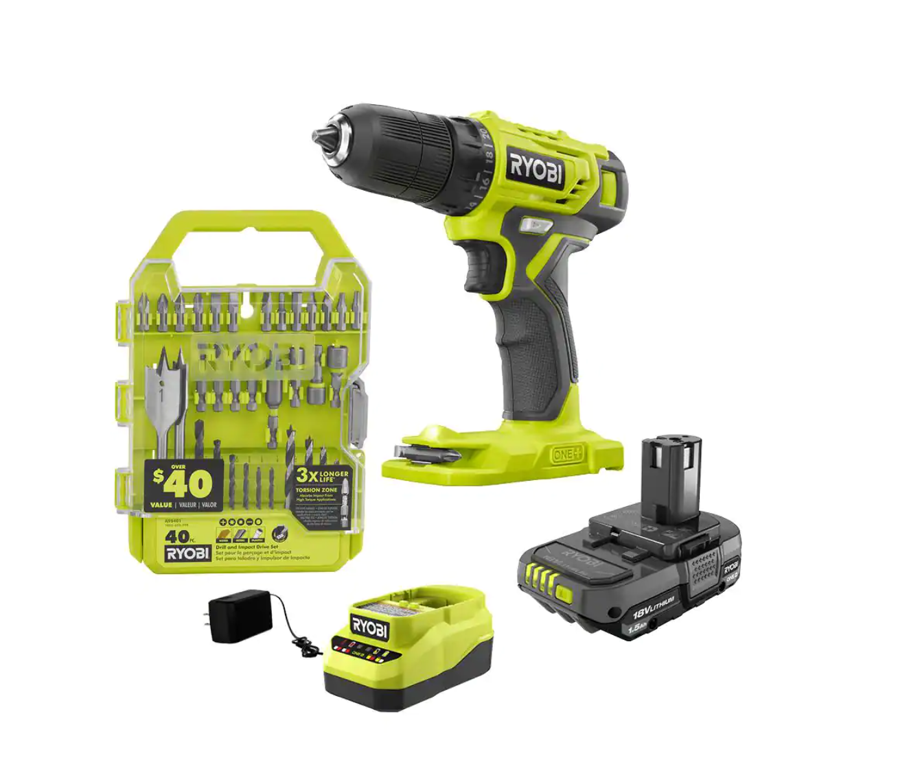 RYOBI PDD209K-A98401 ONE+ 18V Cordless 3/8 in. Drill/Driver Kit with 1.5 Ah Battery. Charger. and Drill and Impact Drive Kit (40-Piece)