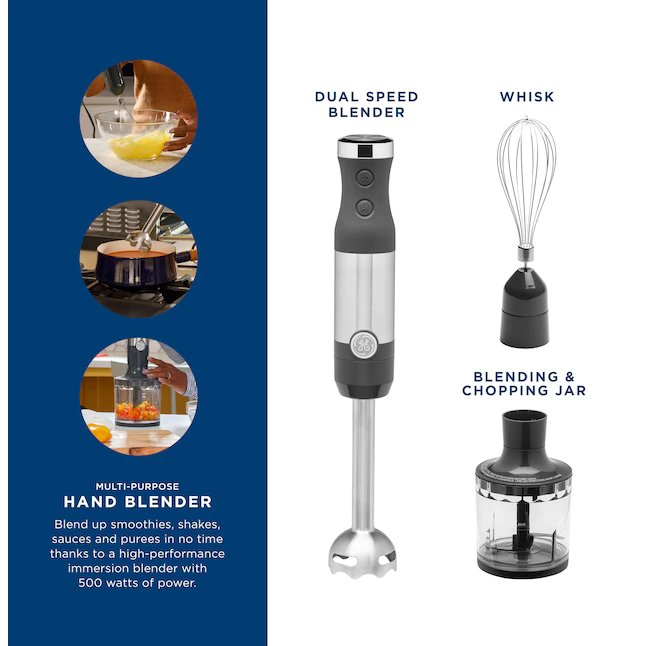 GE Immersion Blender | Handheld Blender for Shakes. Smoothies. Baby Food & More | Includes Whisk & Blending Jar | 2-Speed | Interchangeable Attachment for Easy Clean | 500 Watts | Stainless Steel