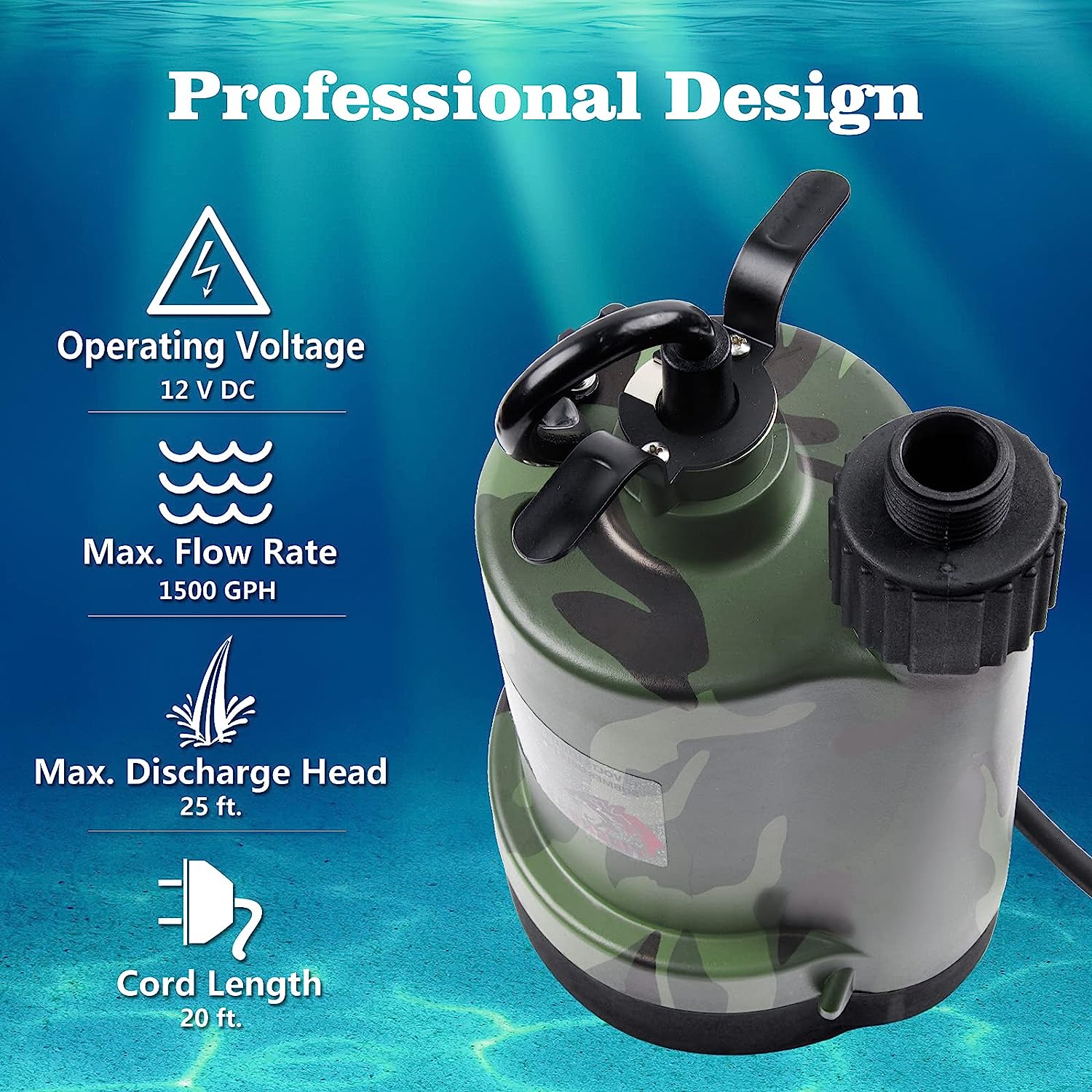 TIGEROAR 12V DC Submersible Water Pump 1500 GPH Water Transfer Pump with 20 ft. Cord and Sump Pump Hose Adapter for Utility Pump Camouflage Color
