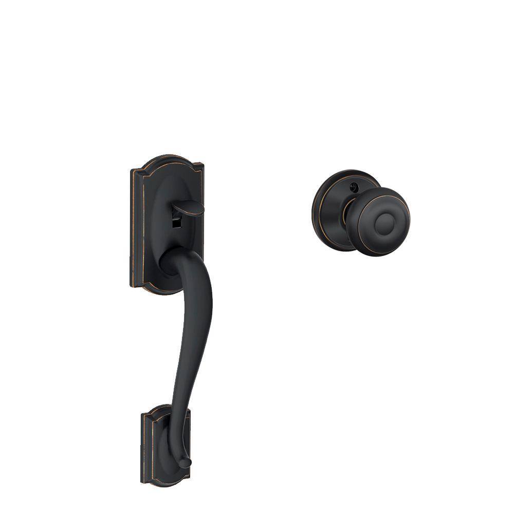 Schlage FE285LW V CAM 716 GEO CAM Camelot Aged Bronze Entry Door Handleset with Georgian Door Knob