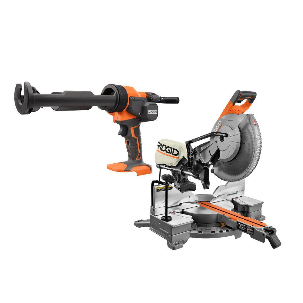 RIDGID R4222-R84044B 15 Amp Corded 12 in. Dual Bevel Sliding Miter Saw with 18V Cordless 10 oz. Caulk Gun and Adhesive Gun