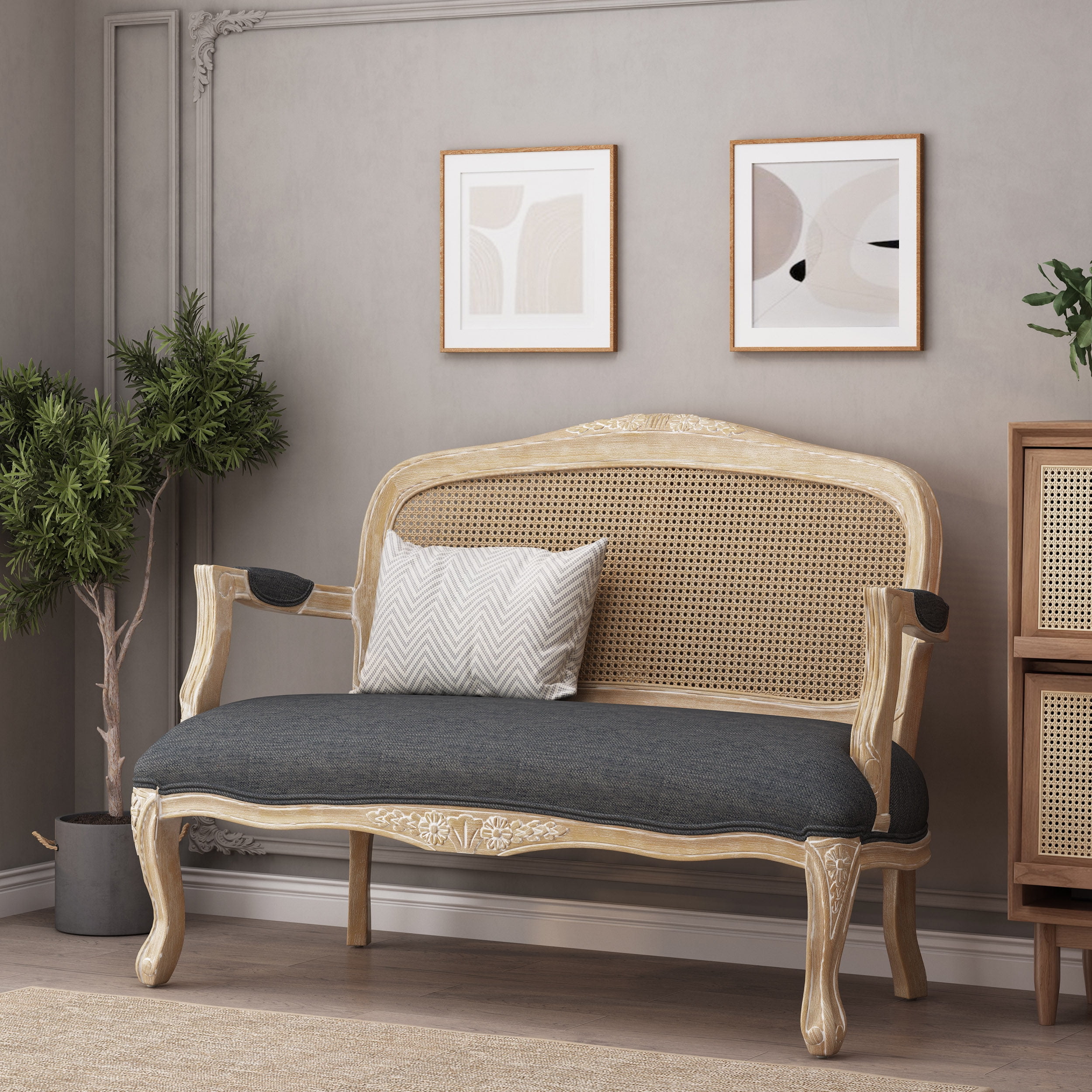 Noble House Headly Indoor Camel Back Fabric Loveseat. Natural and Charcoal