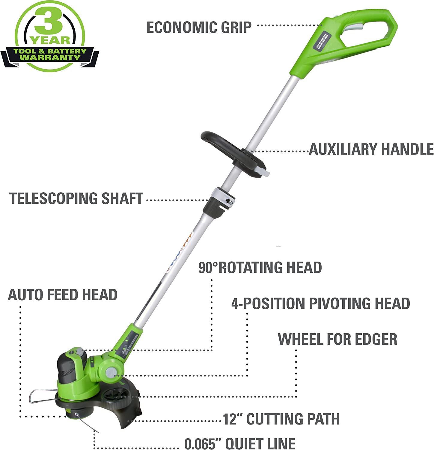Greenworks 24V 12-Inch Cordless String Trimmer. 2.0 AH Battery Included. ST24B210