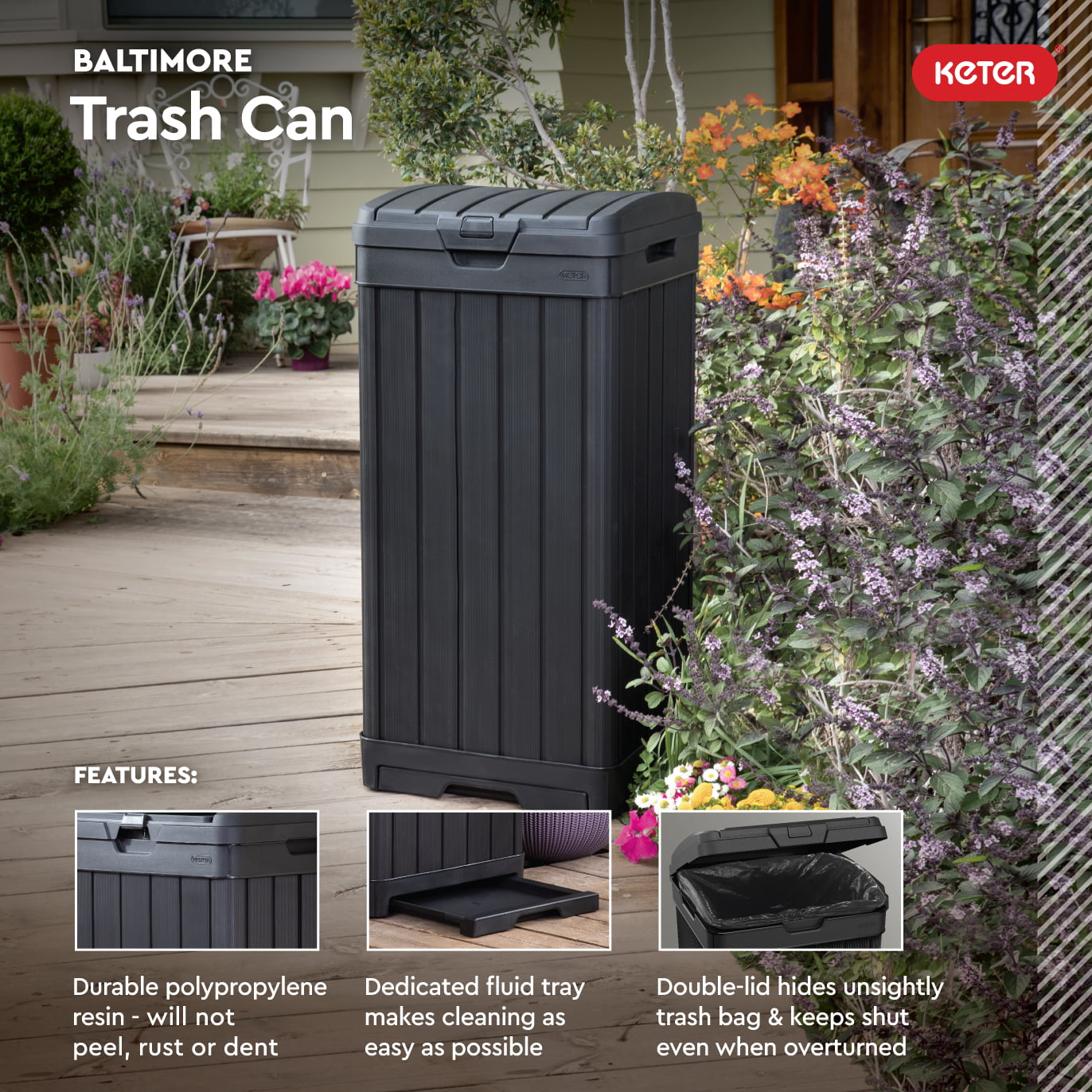 Keter Baltimore Duotech Outdoor Trash Can. Resin Wastebin. Black Woodlook
