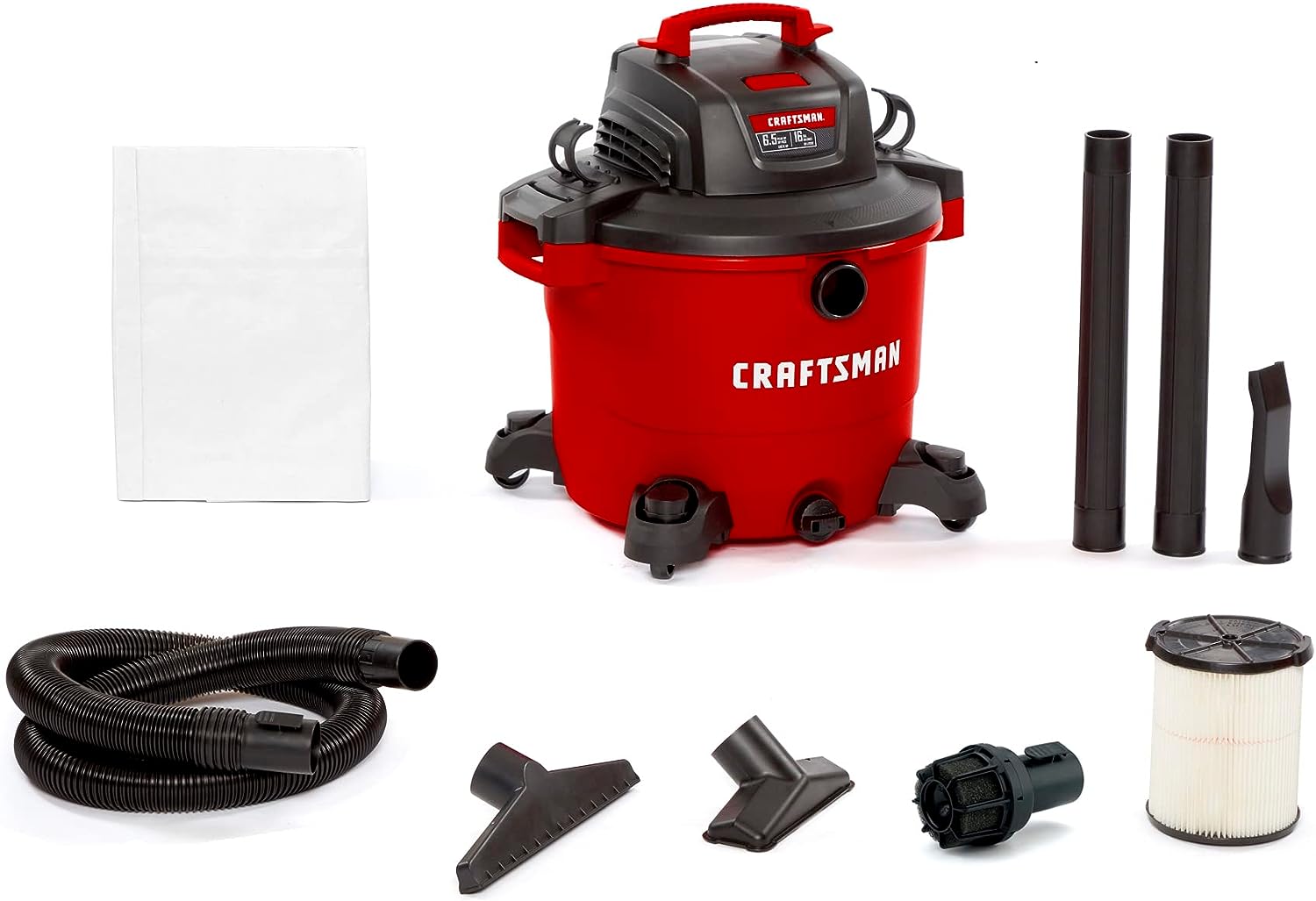 CRAFTSMAN CMXEVBE18695 16 Gallon 6.5 Peak HP Wet/Dry Vac. Heavy-Duty Shop Vacuum with Muffler/Diffuser and Attachments. Red