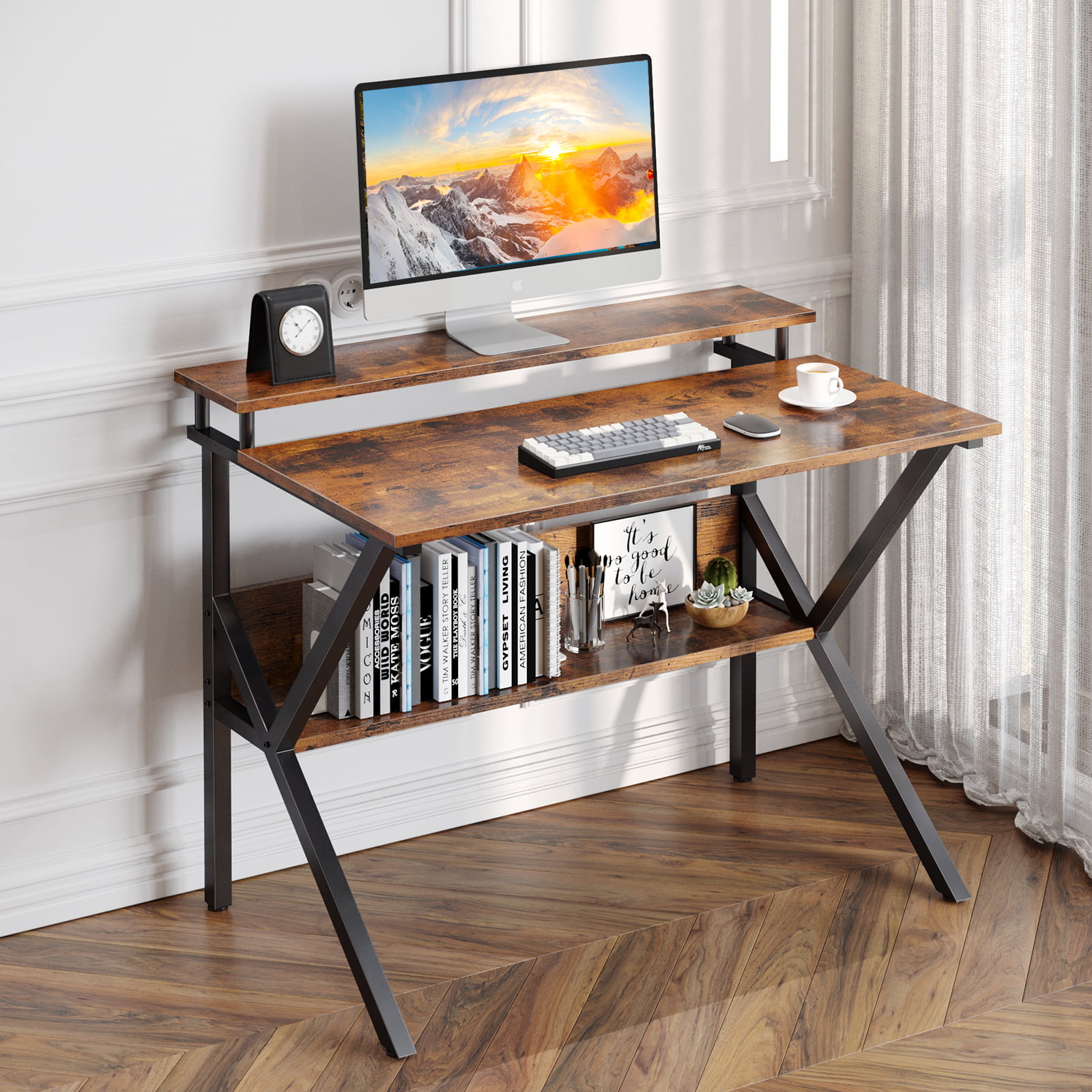 ODK Home Small Computer Desk. 27.5″ Desk for Small Spaces with Storage. Compact Table with Monitor & Storage Shelves for Home Office. Modern Style Laptop Desk. Vintage