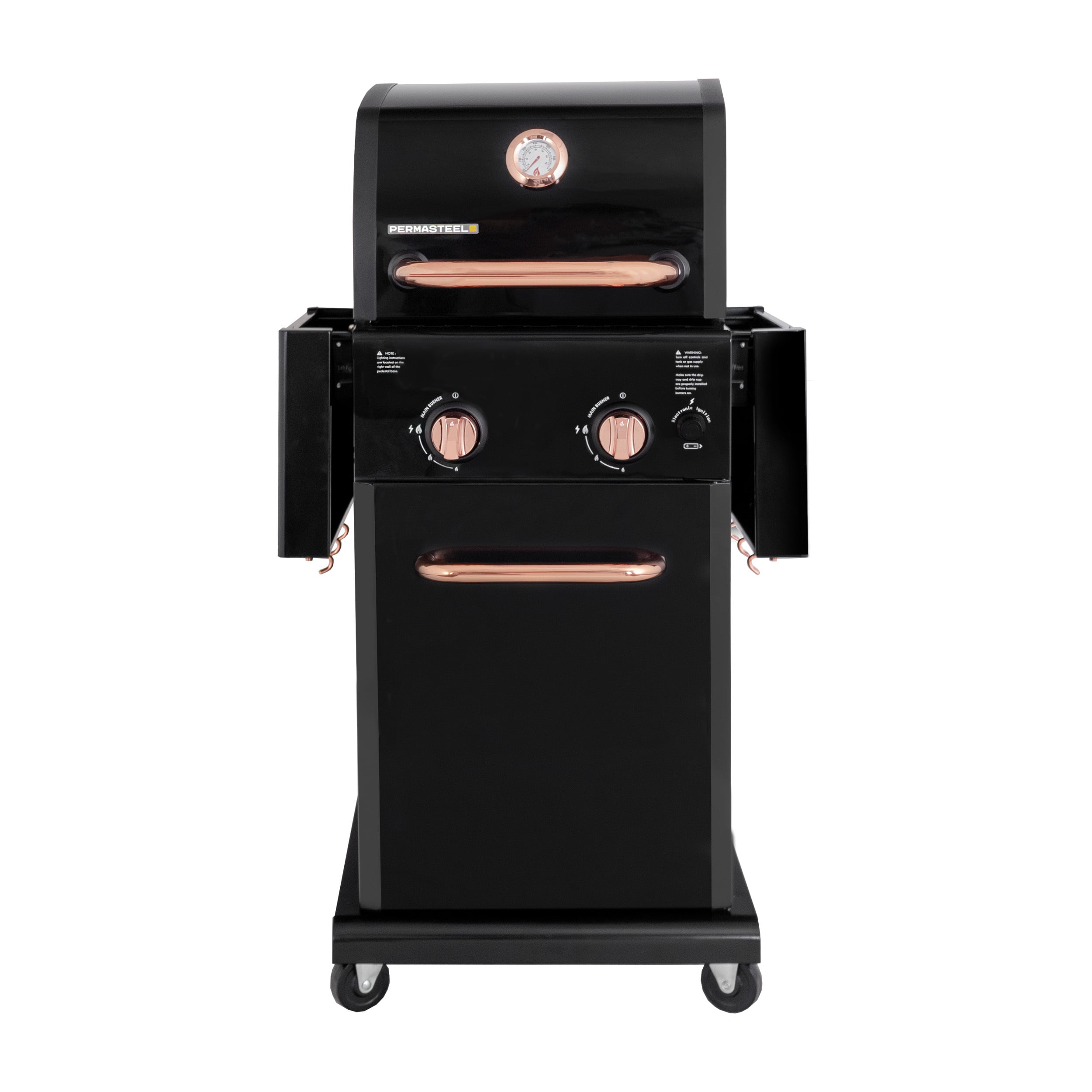 Permasteel 2-Burner Compact Propane Gas Grill with Foldable Sides. Black with Copper Accent