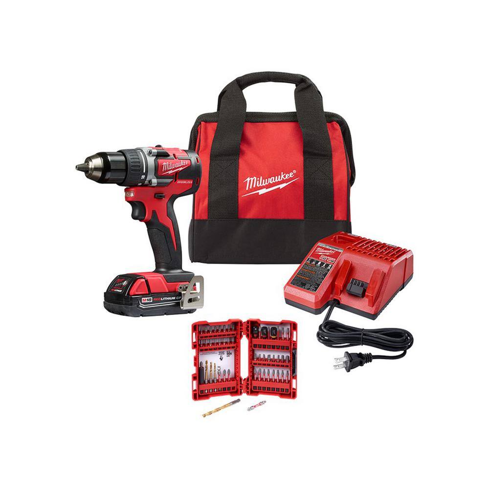 Milwaukee 2801-21P-48-32-4024 M18 18V Lithium-Ion Brushless Cordless 1/2 in. Compact Drill/Driver with (1) 2.0 Ah Battery. Charger and Bit Set