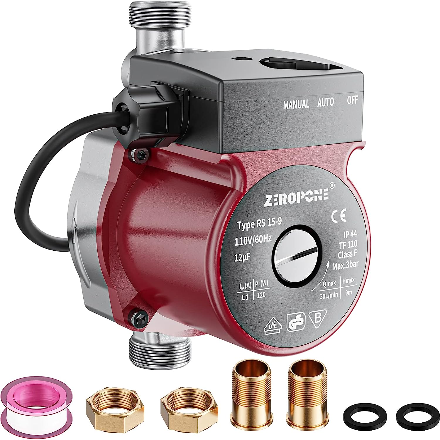 ZeroPone Hot Water Recirculating Pump. Water Circulator Pump. 120W 110V Automatic Circulating Pump Stainless Steel Head NPT 3/4″ w/NPT 1/2″ Adapter.15-9S Dual Control for Electric Water Heater System