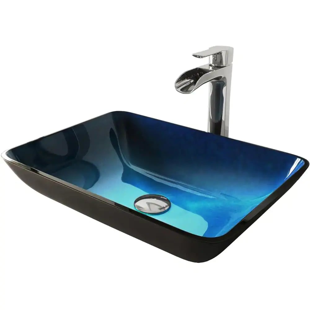 VIGO VGT1073 Glass Rectangular Vessel Bathroom Sink in Turquoise Blue. Chrome