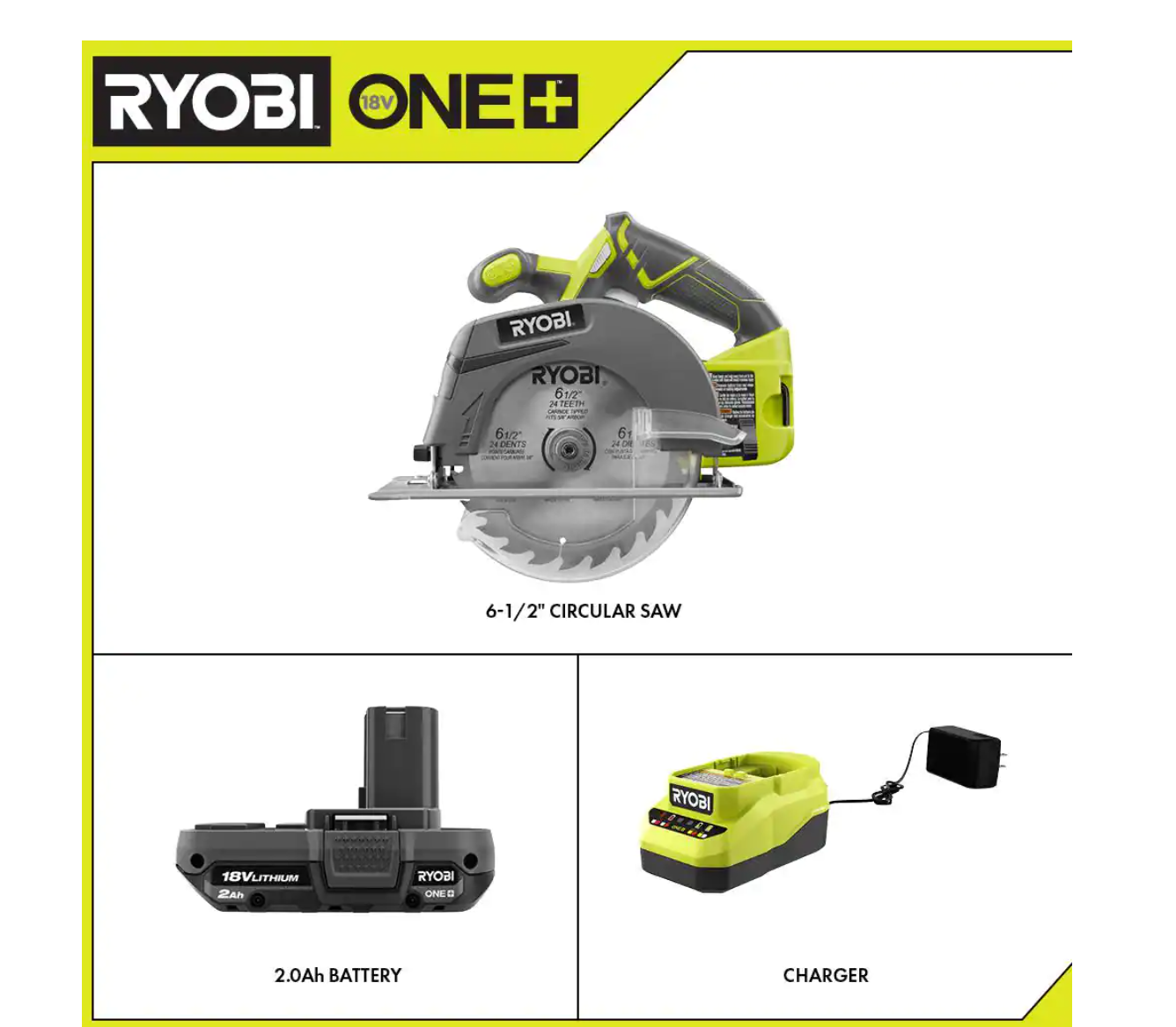 RYOBI P507-PSK005 ONE+ 18V Cordless 6-1/2 in. Circular Saw with 2.0 Ah Battery and Charger
