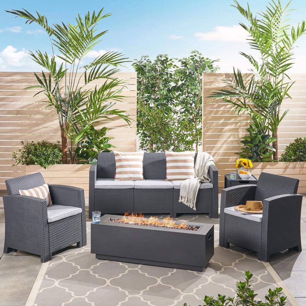 Noble House  Rensing 5-Piece Plastic Patio Fire Pit Conversation Set with Light Grey Cushions