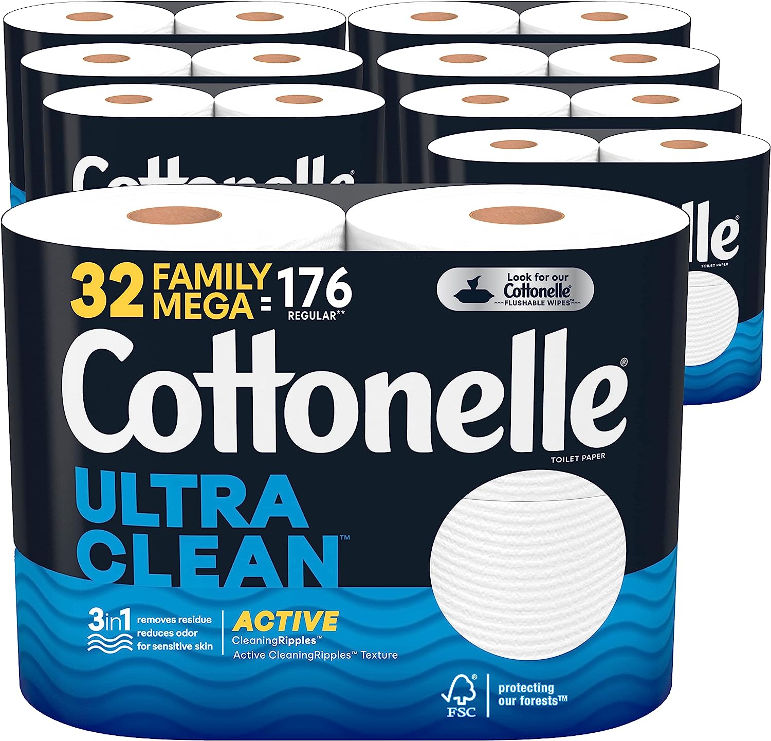 Cottonelle Ultra Clean Toilet Paper with Active CleaningRipples Texture. Strong Bath Tissue. 32 Family Mega Rolls (32 Family Mega Rolls = 176 Regular Rolls) (8 Packs of 4). 388 Sheets per Roll