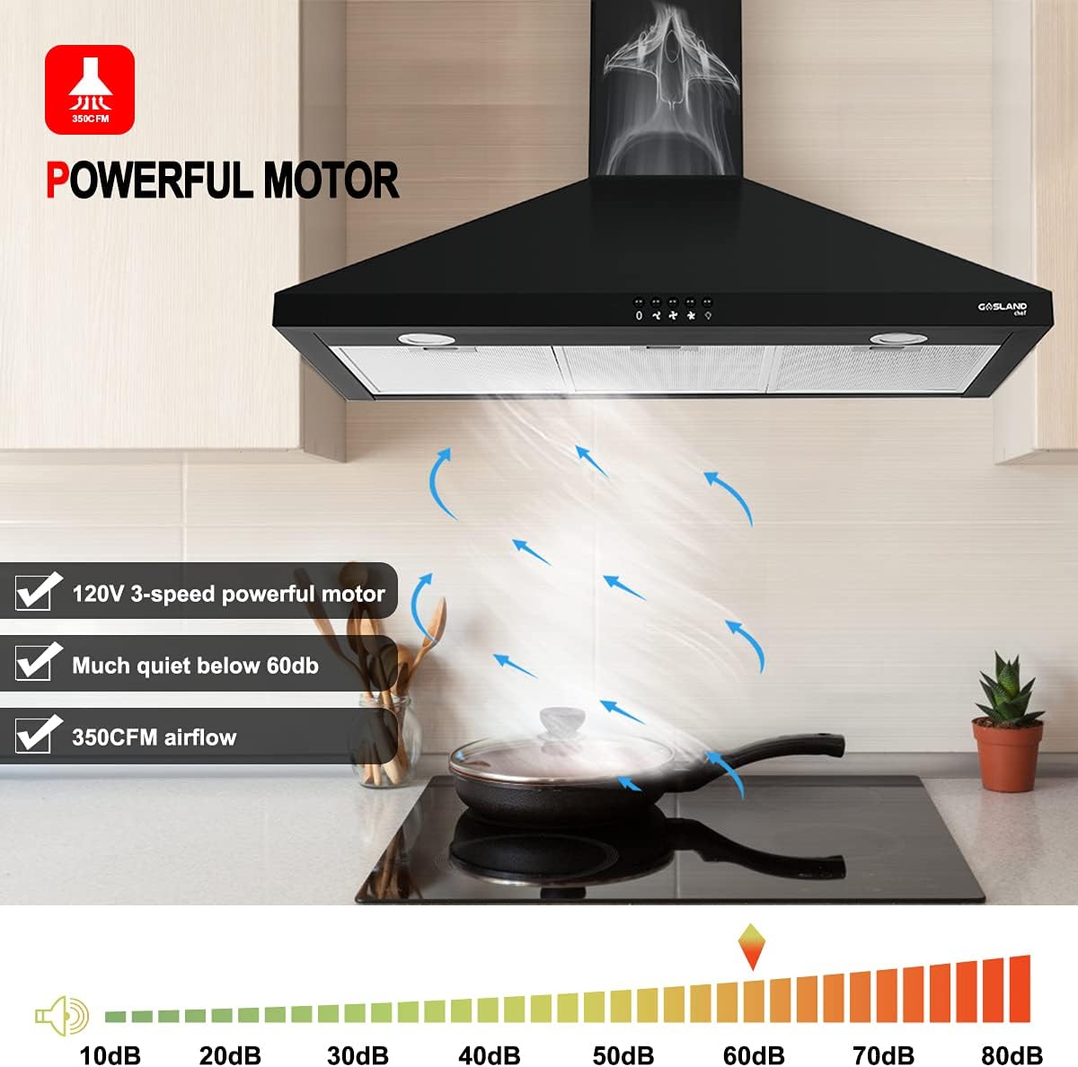 GASLAND  36″ Wall Mount Range Hood. GASLAND Chef PR36BP 36 Inch Range Hood Black. Ducted Kitchen Exhaust Hood. 3 Speed Adjustable Chimney Hood. Push Button Control. Aluminum Mesh Filter. 2 LED Lights. 350 CFM