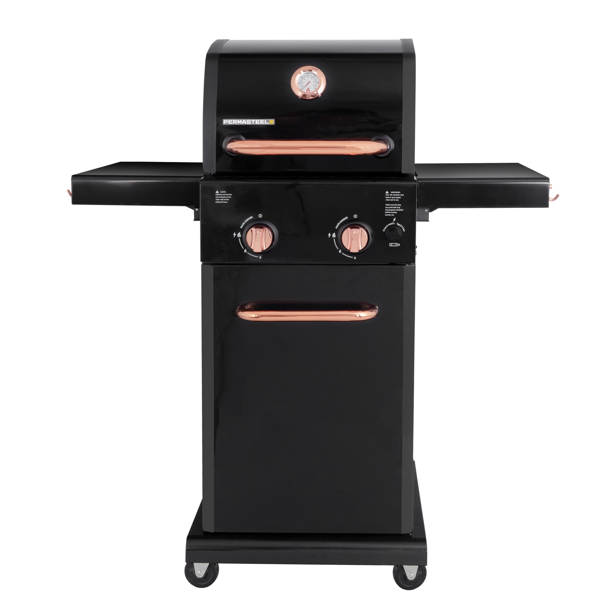 Permasteel 2-Burner Compact Propane Gas Grill with Foldable Sides. Black with Copper Accent