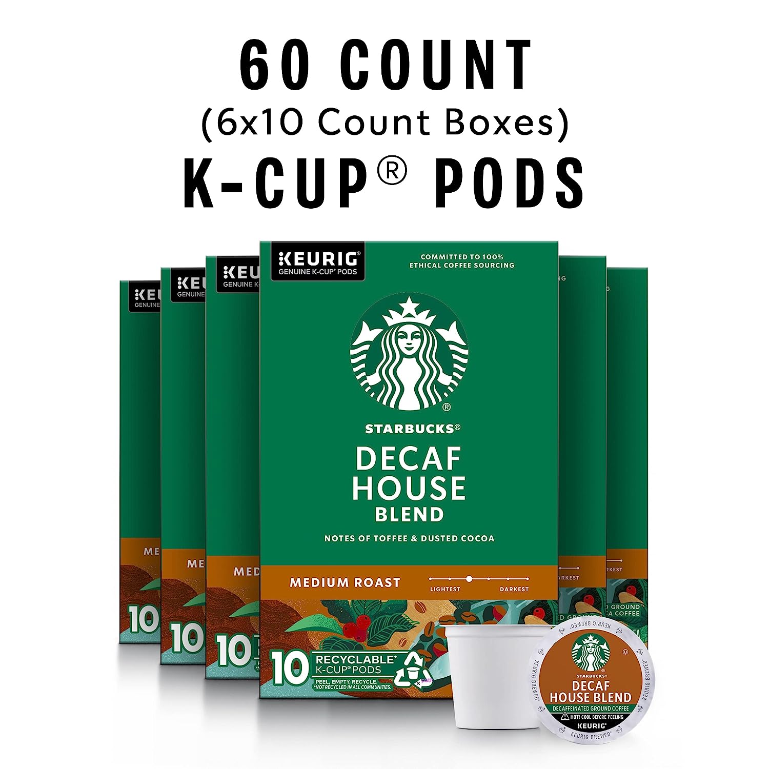 Starbucks Decaf K-Cup Coffee Pods — House Blend for Keurig Brewers — 6 boxes (60 pods total)