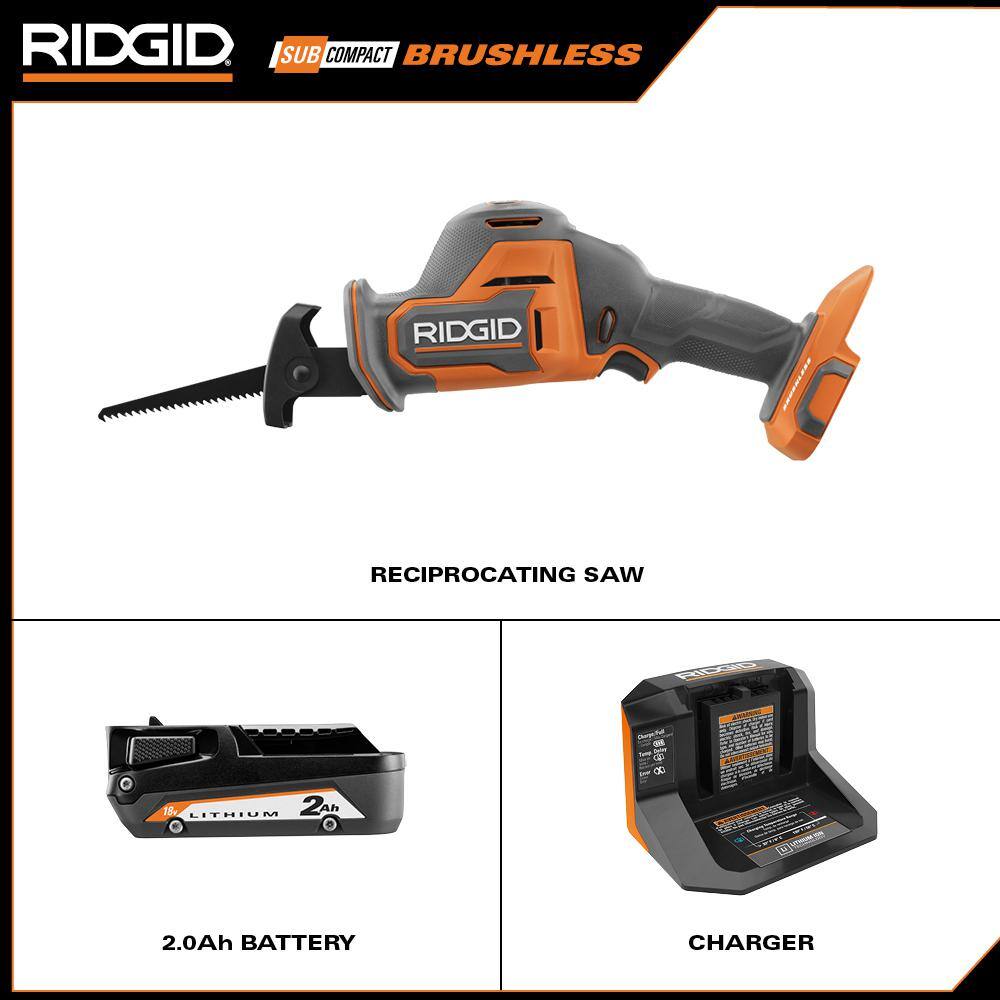 RIDGID R8648KN 18V SubCompact Brushless Cordless One-Handed Reciprocating Saw Kit with 2.0 Ah Battery and Charger