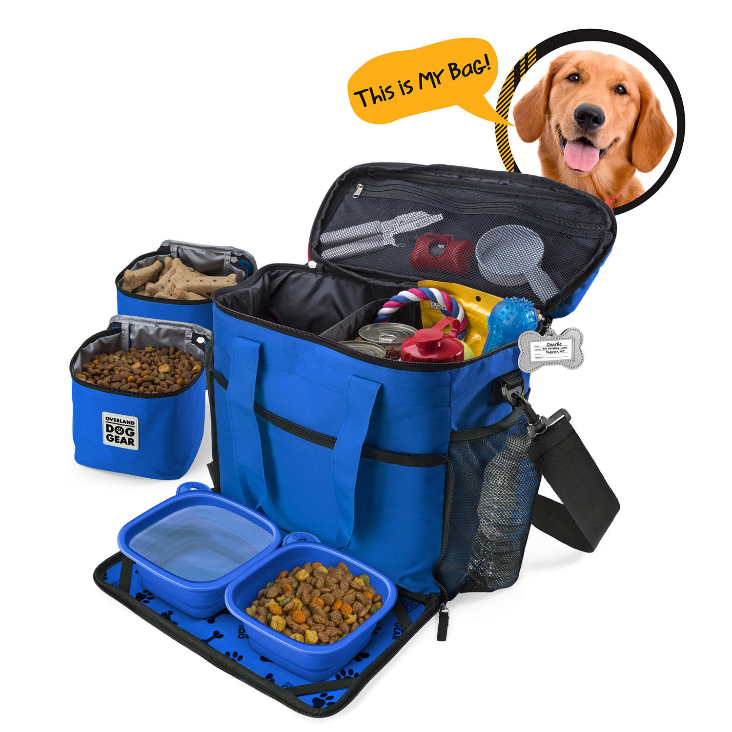 Mobile Dog Gear. Week Away Dog Travel Bag for Small Dogs. Includes Lined Food Carriers and 2 Collapsible Dog Bowl. Blue. Meets Airline Requirements
