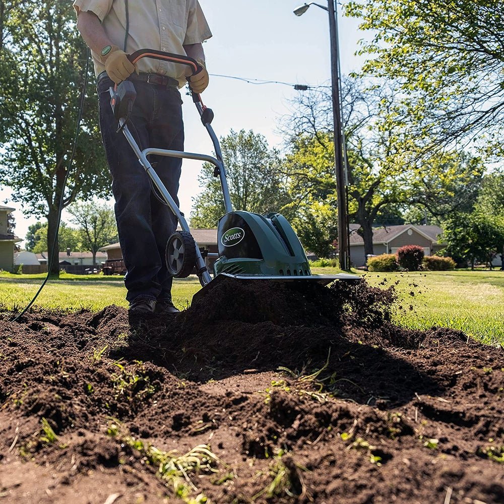 Scotts Outdoor Power Tools 13.5-Amp 16-Inch Electric Garden Tiller Cultivator. Adjustable Tines. Green