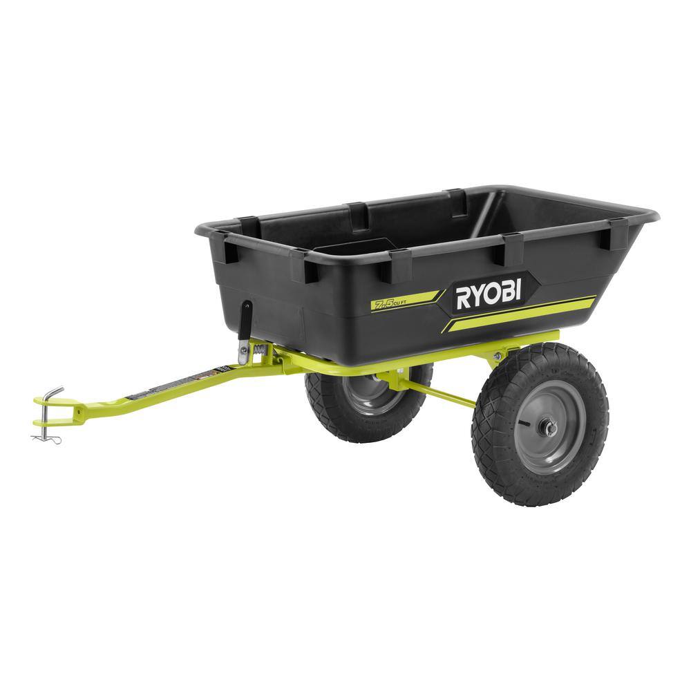RYOBI ACRM025 500 lb. 7.5 cu. ft. Tow-Behind Utility Dump Cart with Universal Hitch for Riding Mower. Lawn Tractor & Zero Turn Mower