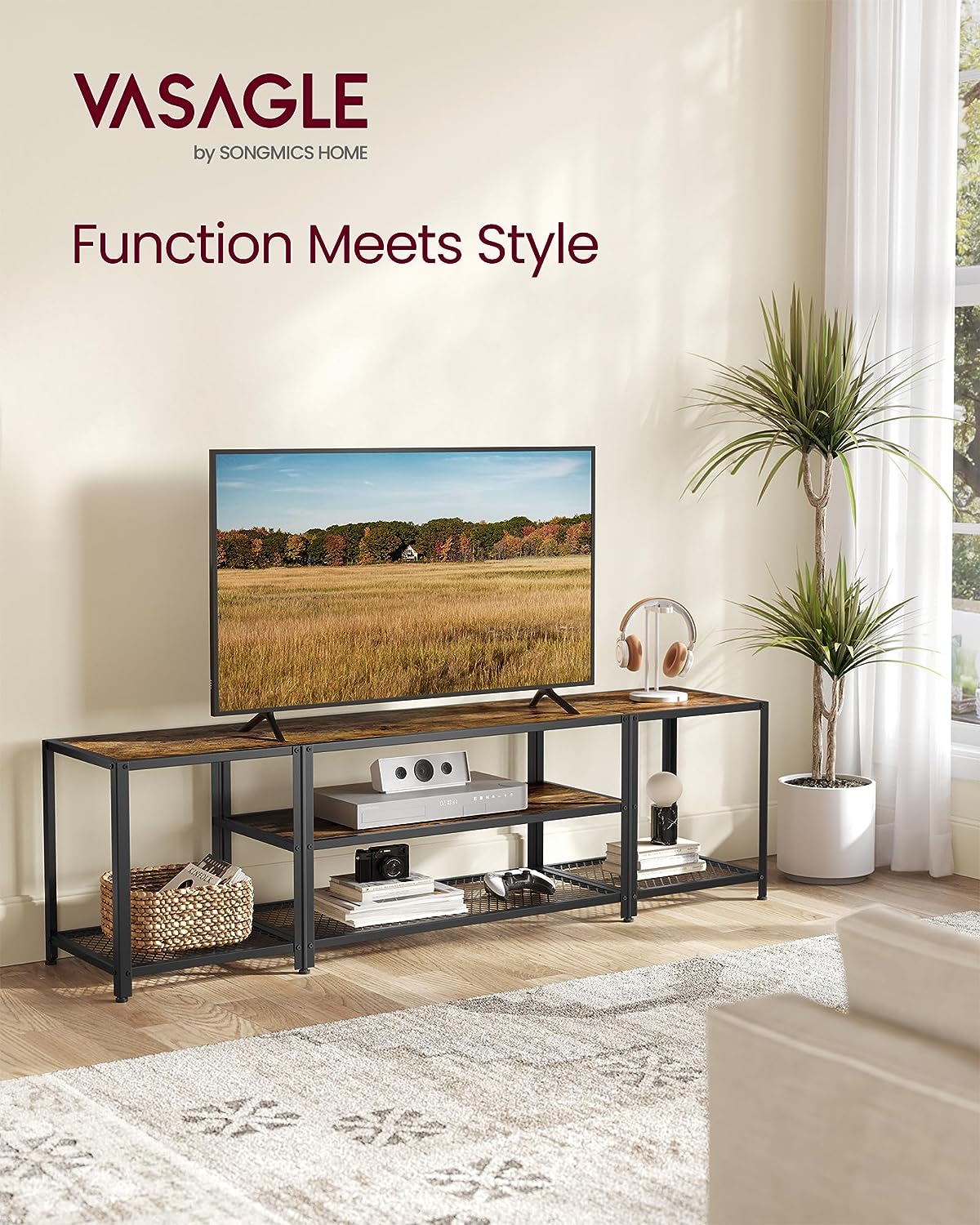 VASAGLE Modern TV Stand for TVs up to 75 Inches. 3-Tier Entertainment Center. Industrial TV Console Table with Open Storage Shelves. for Living Room. Bedroom. Rustic Brown and Black ULTV098B01