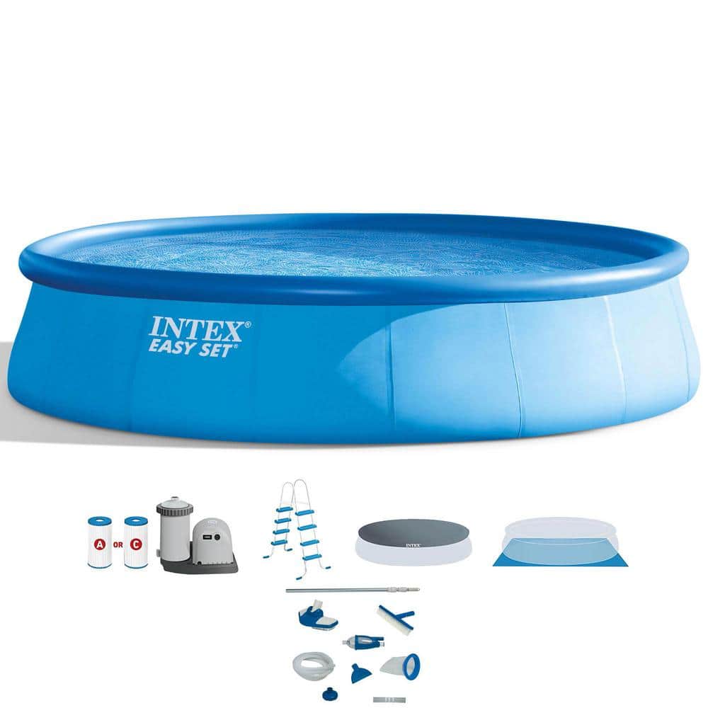INTEX 26175EH + 28003E Easy Set Pool 18 ft. Round 48 in. D Inflatable with Ladder. Pump and Maintenance Kit