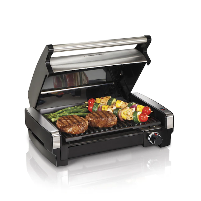 Hamilton Beach Electric Indoor Searing Grill Removable Easy - 12.5-in L x 9.6-in W Non-Stick Contact Grill. 6-Serving. Extra-Large Drip Tray. Stainless Steel (25360)