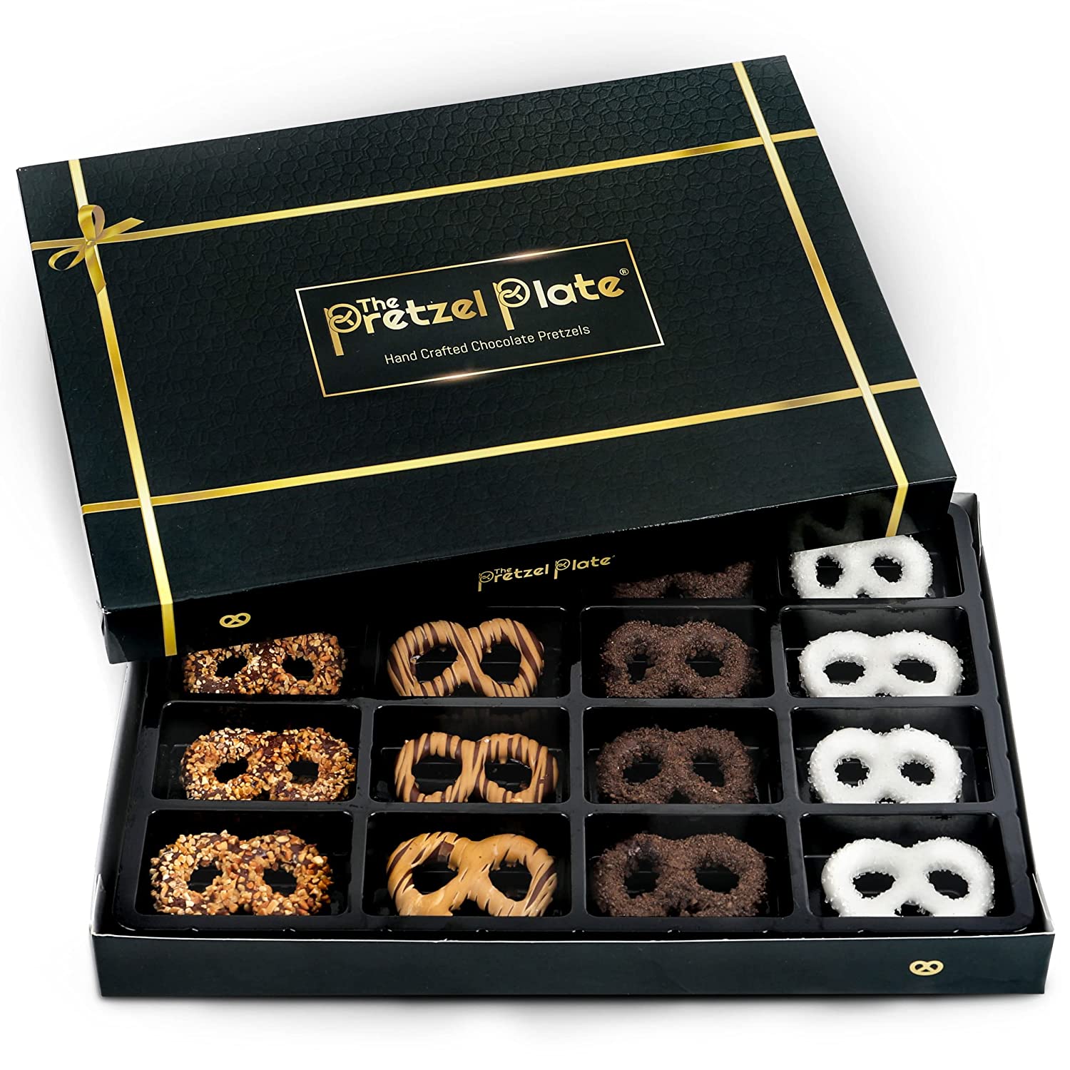 The Pretzel Plate Chocolate Covered Pretzels Gift Box- Vegan Gourmet Assorted Dark & White Chocolates Gift