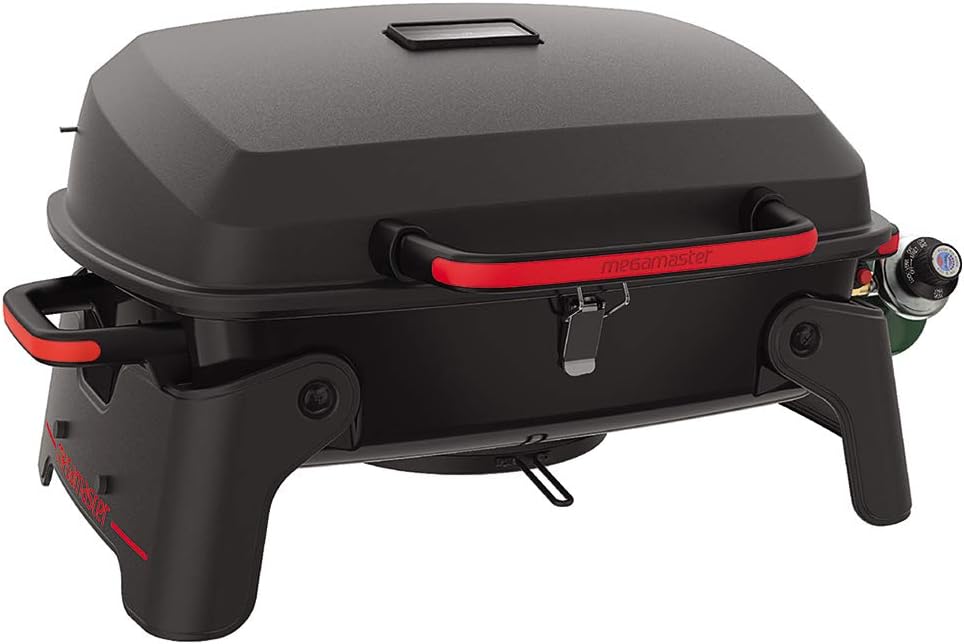 Megamaster 820-0065C 1 Burner Portable Gas Grill for Camping. Outdoor Cooking . Outdoor Kitchen. Patio. Garden. Barbecue with Two Foldable legs. Red + Black